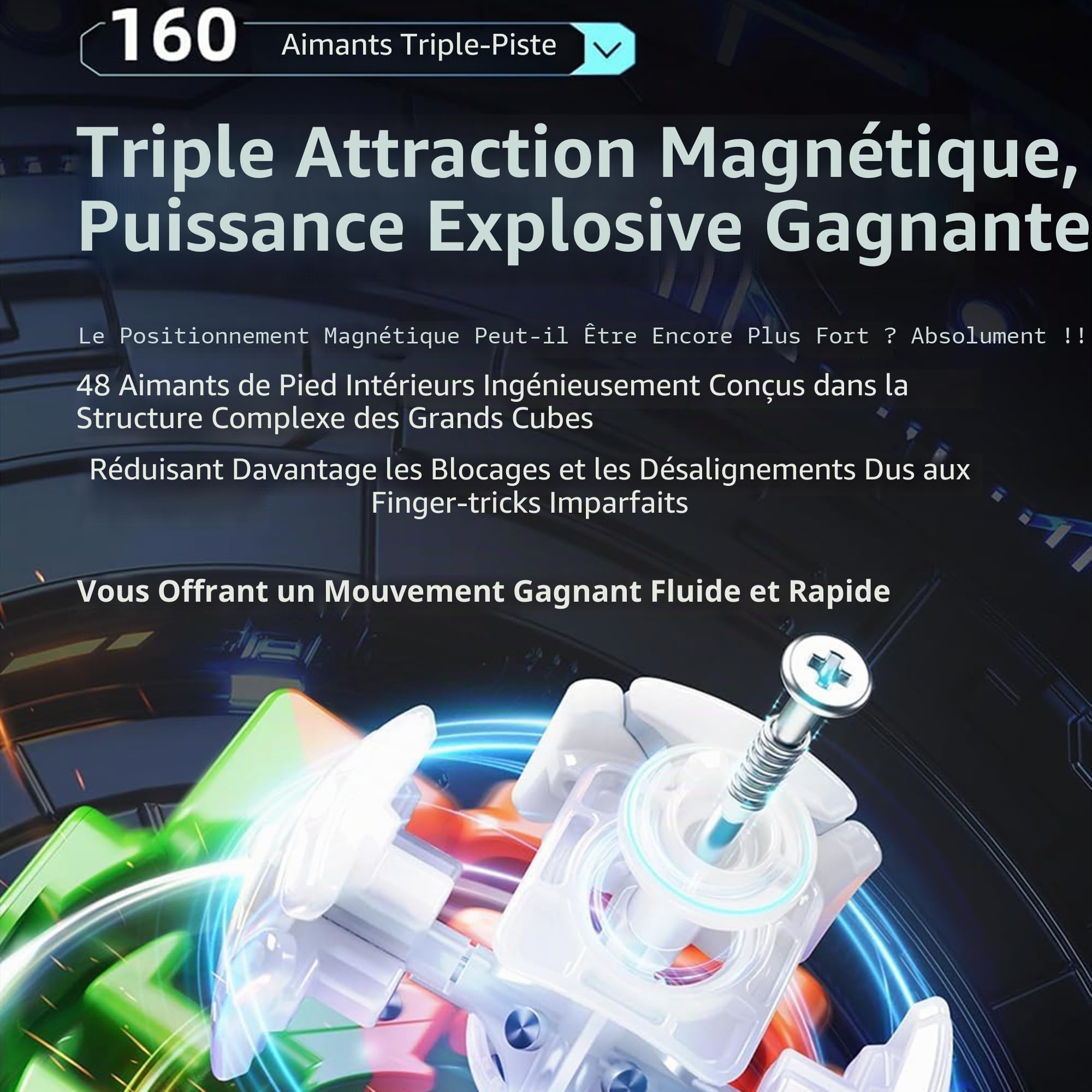 XMDCuber MOYU AOSU V7 M Cube de vitesse magnétique 4x4, AoSu WRM V7 Single-Track Magnetic Speed Cube 4x4x4, Cube magique 4 pour 4,96 aimants (magnétiques à rail unique)