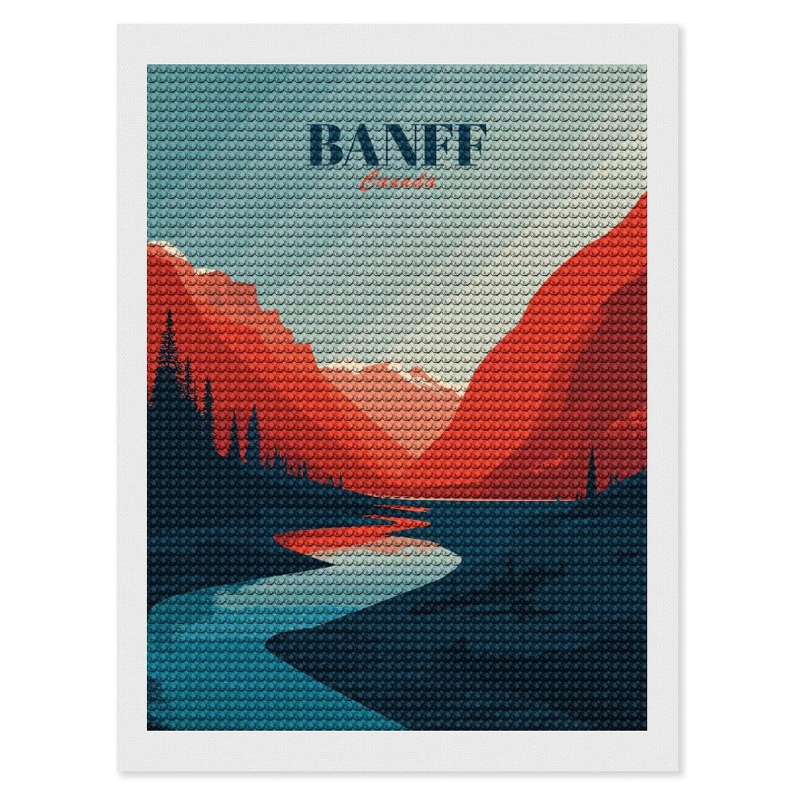 Junmoney Banff Canada Landscape Illustration Diamond Painting Canvas Kit 12"x16", Relaxing DIY, Modern Decor, Aesthetic Room Decor, Home Wall Art, Wall Art Gift