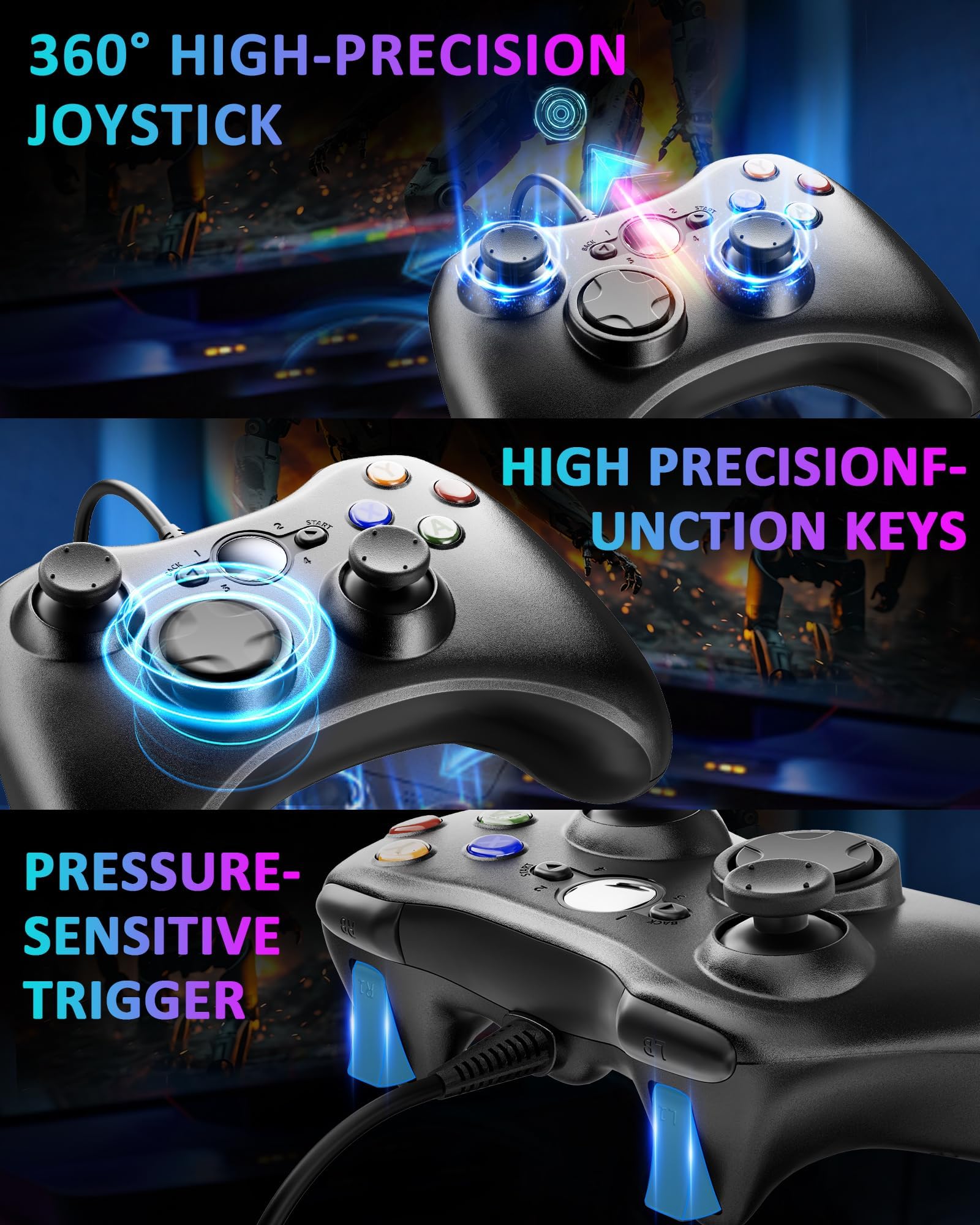 Suoxiom Wired Controller for Xbox 360 PC, USB Gaming Gamepad with Ergonomic Design, Plug & Play Dual Vibration Controller Compatible with Xbox 360 & Windows 10/8/7/XP - 3