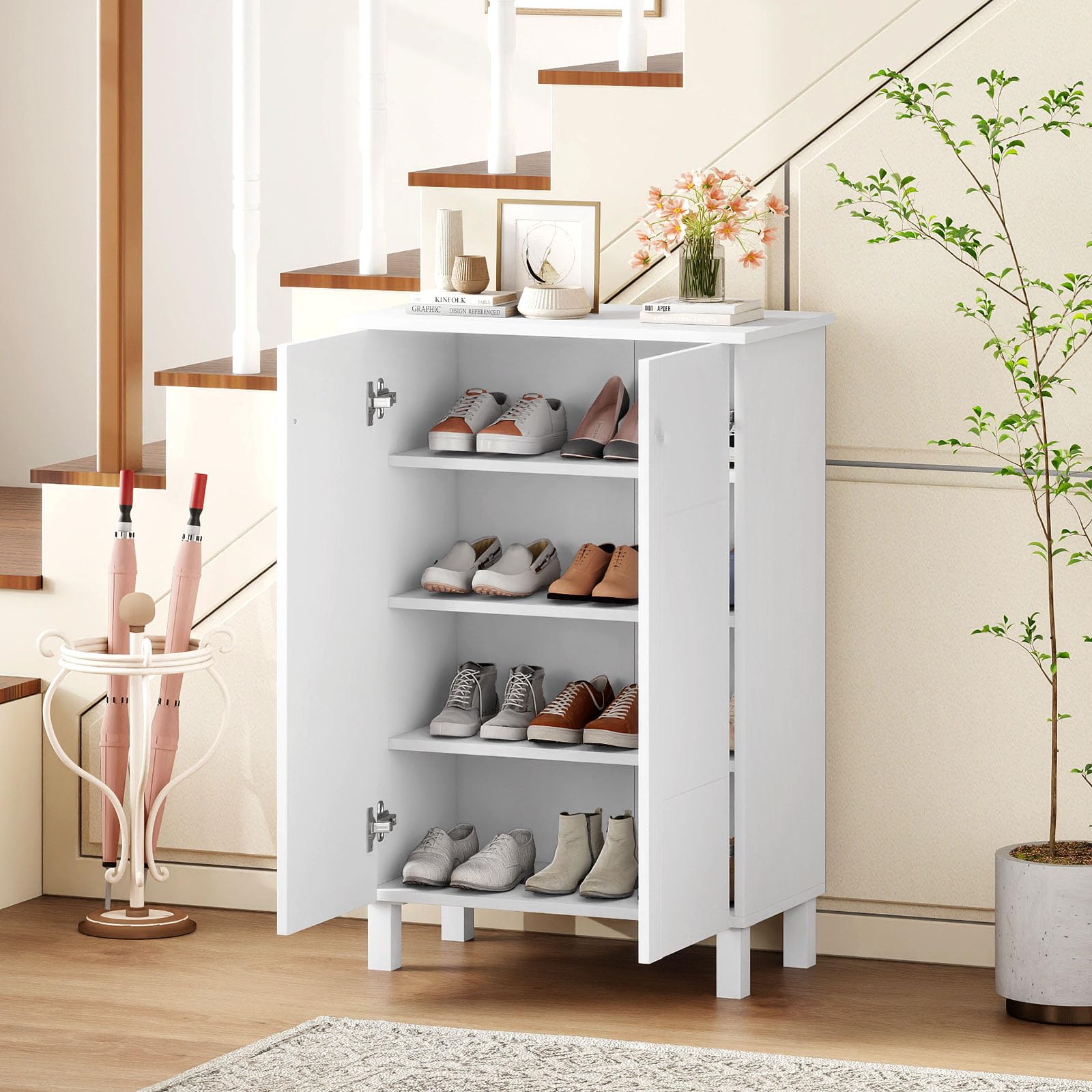 COSTWAY 4-poziomowa szafka na buty, drewniana komoda na buty ze zdejmowanymi półkami, uchwytami i 2 drzwiami, regał na buty biały do korytarza, przedpokoju, salonu, 60 x 33,5 x 90 cm