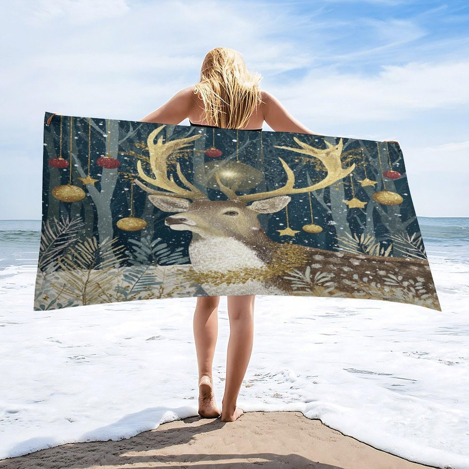 Luyysky Modern Realistic Animal Elk Absorbent Beach Towel, Mid Century Retro Merry Christmas Winter Snowy Scenery Wildlife Deer Outdoor Single-Sided Velvet Beach Towel-80 W Cm X 160" L Cm