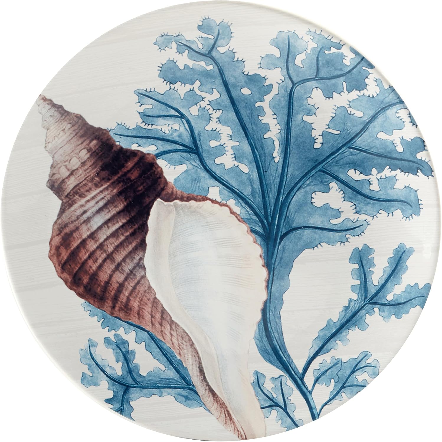 Beyond The Shore 11" Ceramic Dinner Plates – Set of 4 Assorted Coastal Designs with Shells, Starfish & Blue Marine Botanicals – Ocean-Inspired Plates for Main Courses, Seafood & Entertaining