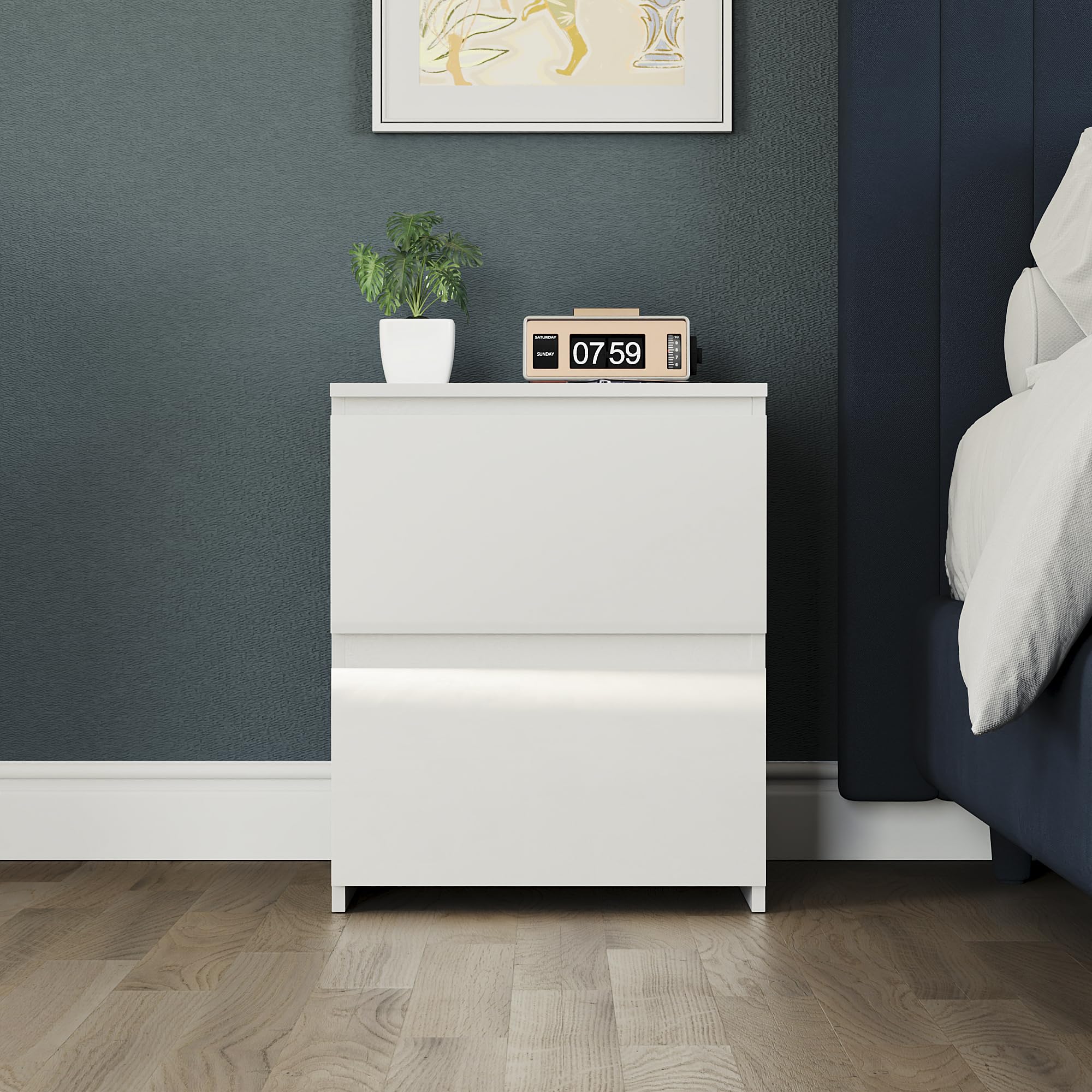 Vida Designs Glinton Commode de Chevet 2 tiroirs Blanc FSC 100%, Bois d'ingénierie, H 50 x W 43 x D 40 centimetres