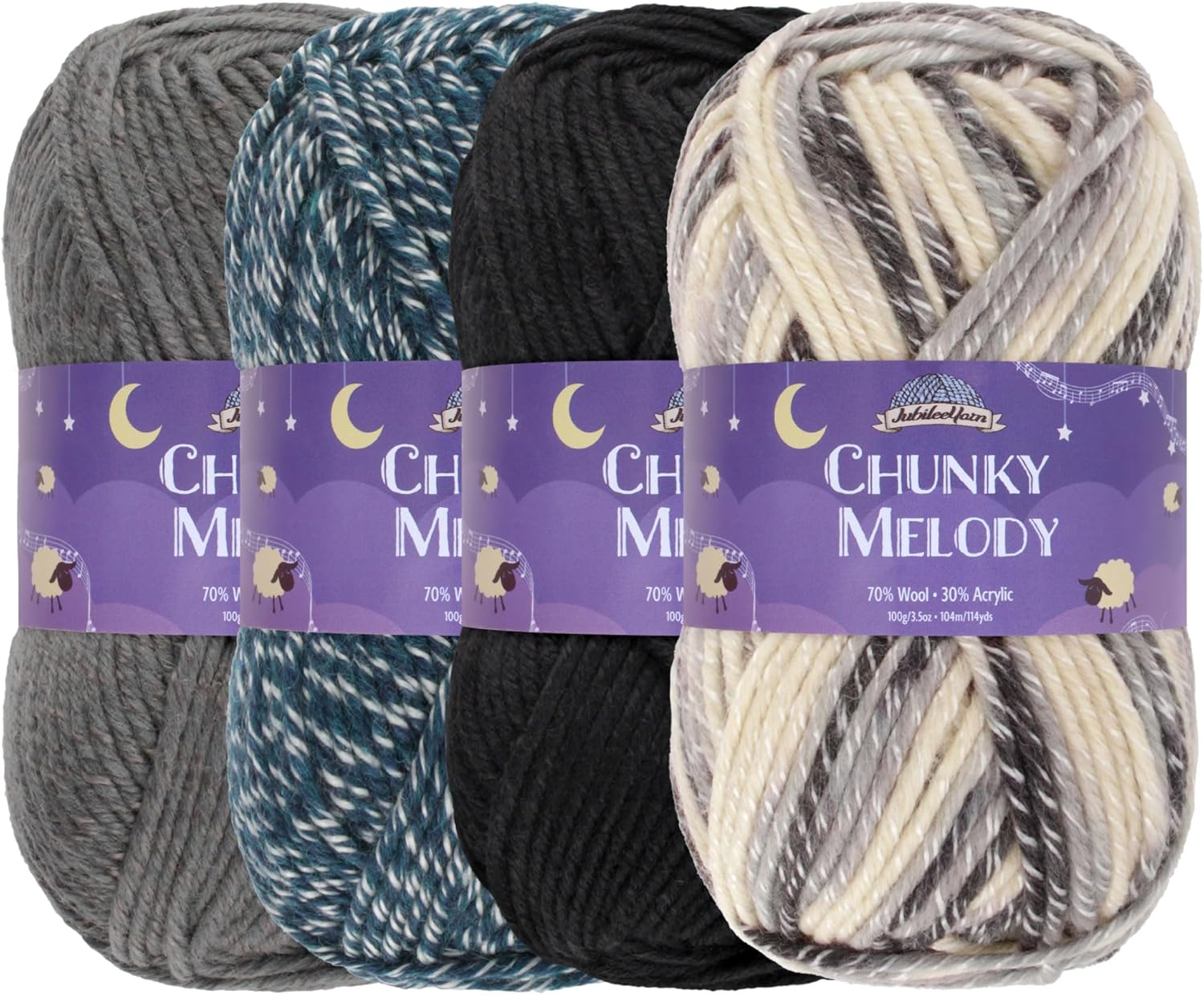 JubileeYarn Chunky Melody Yarn - Bulky Wool Blend - 100g/Skein - Shades of Grey - 4 Skeins