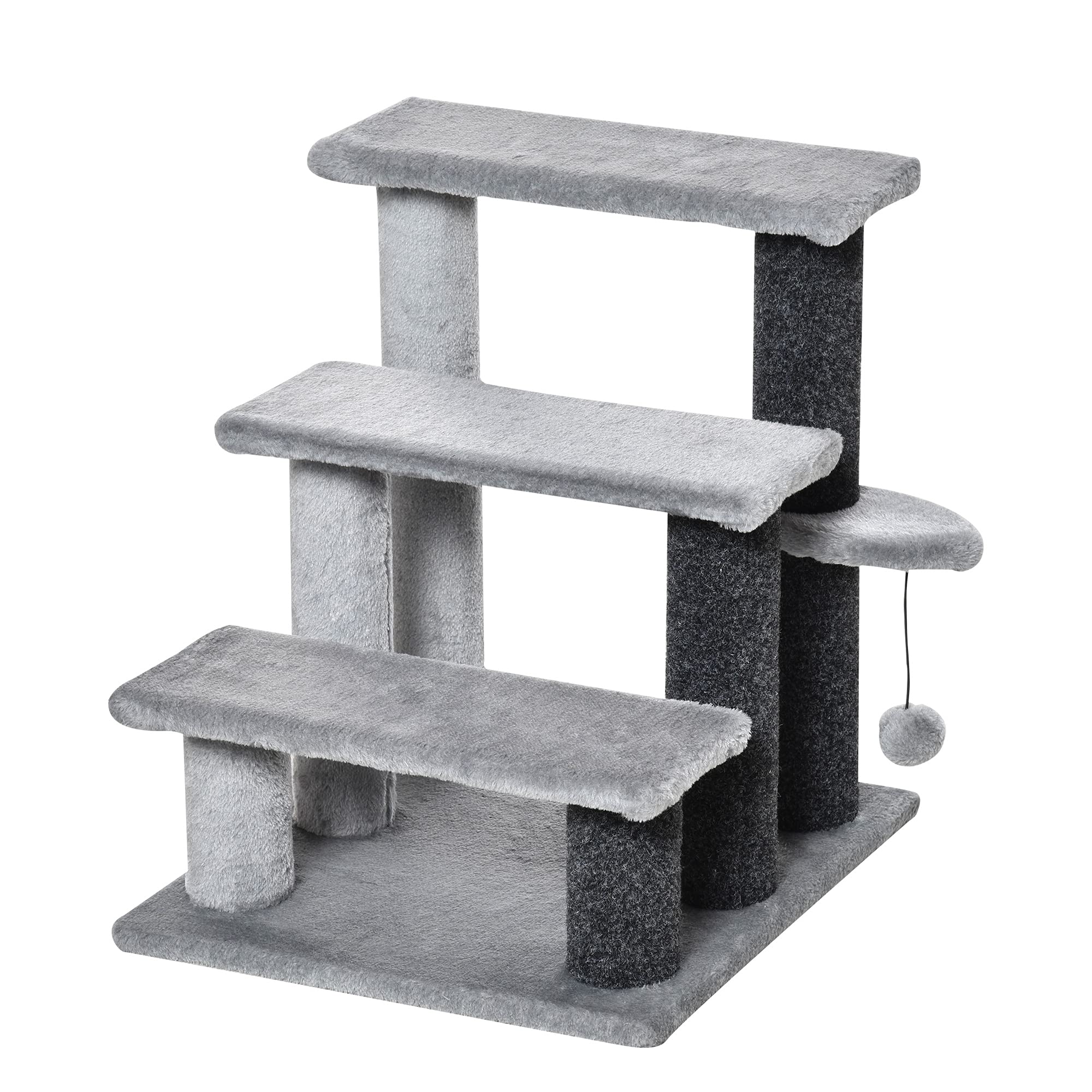 PawHut Scaletta per Gatti a 3 Gradini con Rivestimento in Flanella, Scala per Gatto e Animali Domestici Antiscivolo con Pallina, 45x40x48cm, Grigio