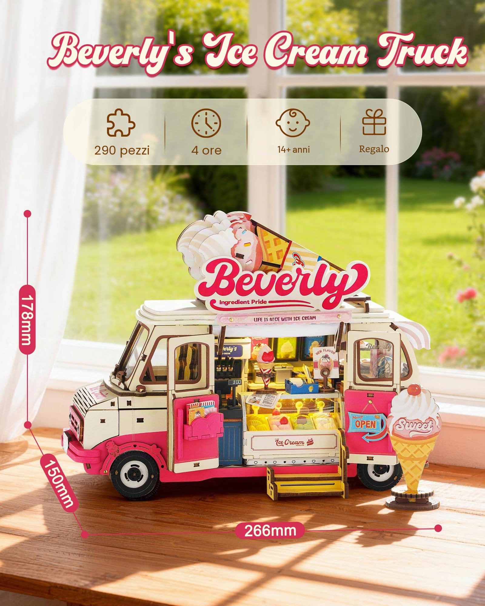 Rolife Puzzle 3D in Legno Kit di Modellismo per Adulti Modello di Casa in Miniatura Book Nook Decorazione della Casa Regalo di Compleanno per Adulti (Camion Gelati Beverly)