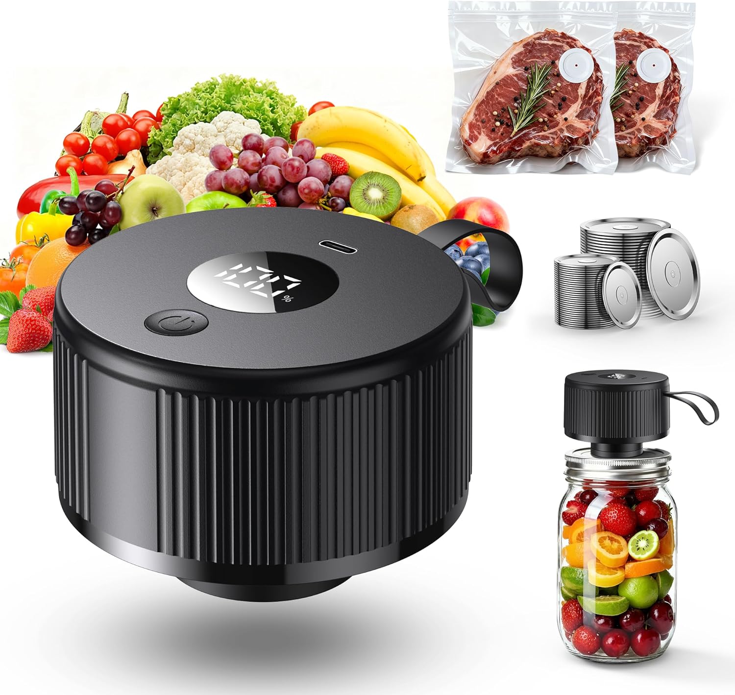 Upgraded 3-in-1 Electric Mason Jar Vacuum Sealer Kit for Mason Jars, Food Savers & Containers | Food Preservation System for Kitchen | Ideal for Canning Jams, Pickles, Dry Foods, Grains & Leftovers Black