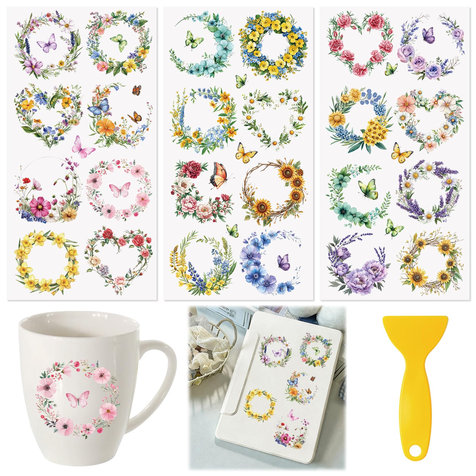HICOHAND Rub On Transfers for Crafts, 3pcs Colorful Garland Transfers UV DTF Stickers Waterproof Decals Furniture for Cup Wood Scrapbook DIY Home Door