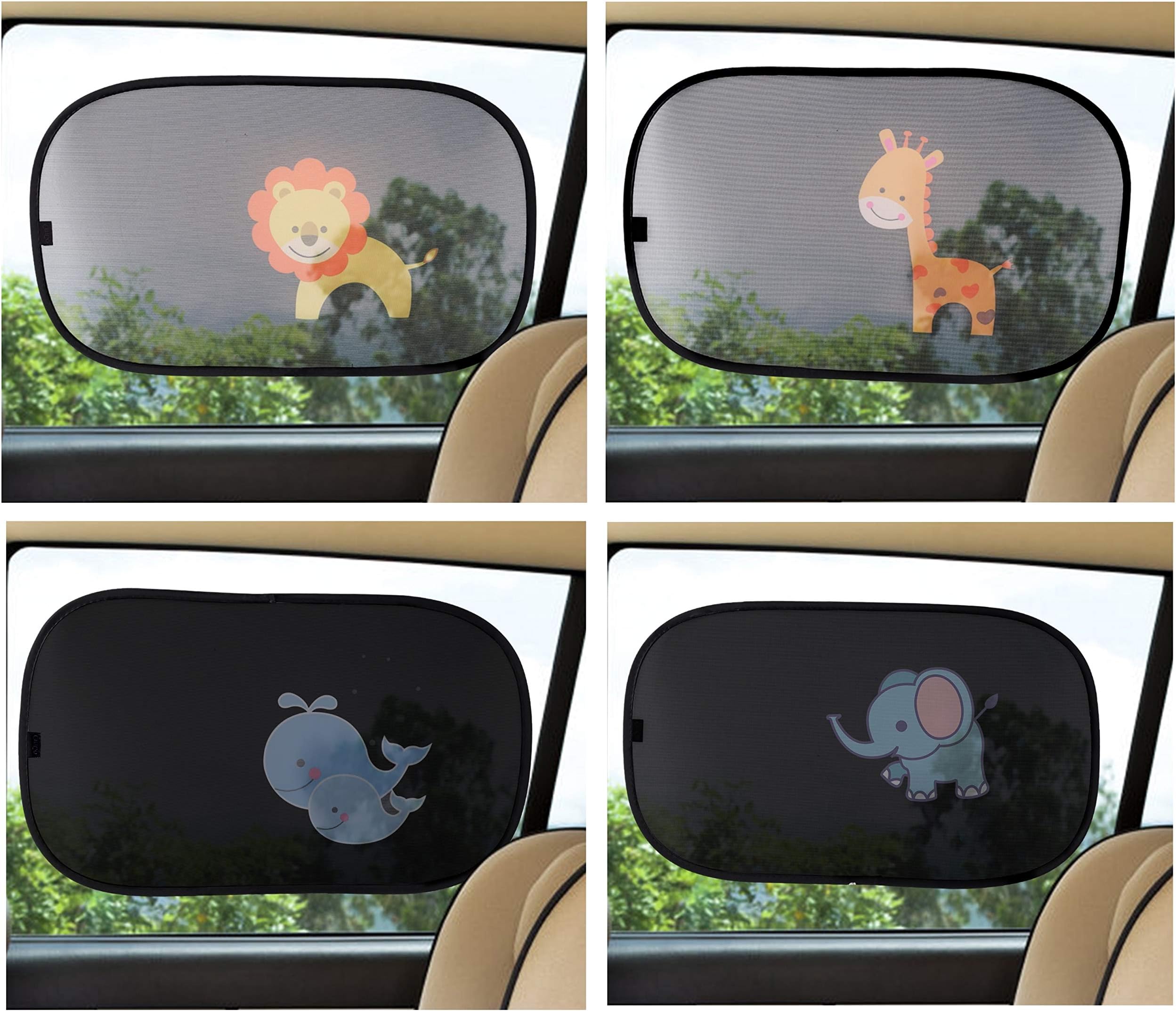 CitiGo Car Window Sun Shade (4 pcs) - Block UV Ray, Lighting and Glare, Protection for Baby and Kids - Cartoon Lion, Elephant, Giraffe and Whales - for Side Windows and Rear Windshield ONLY.