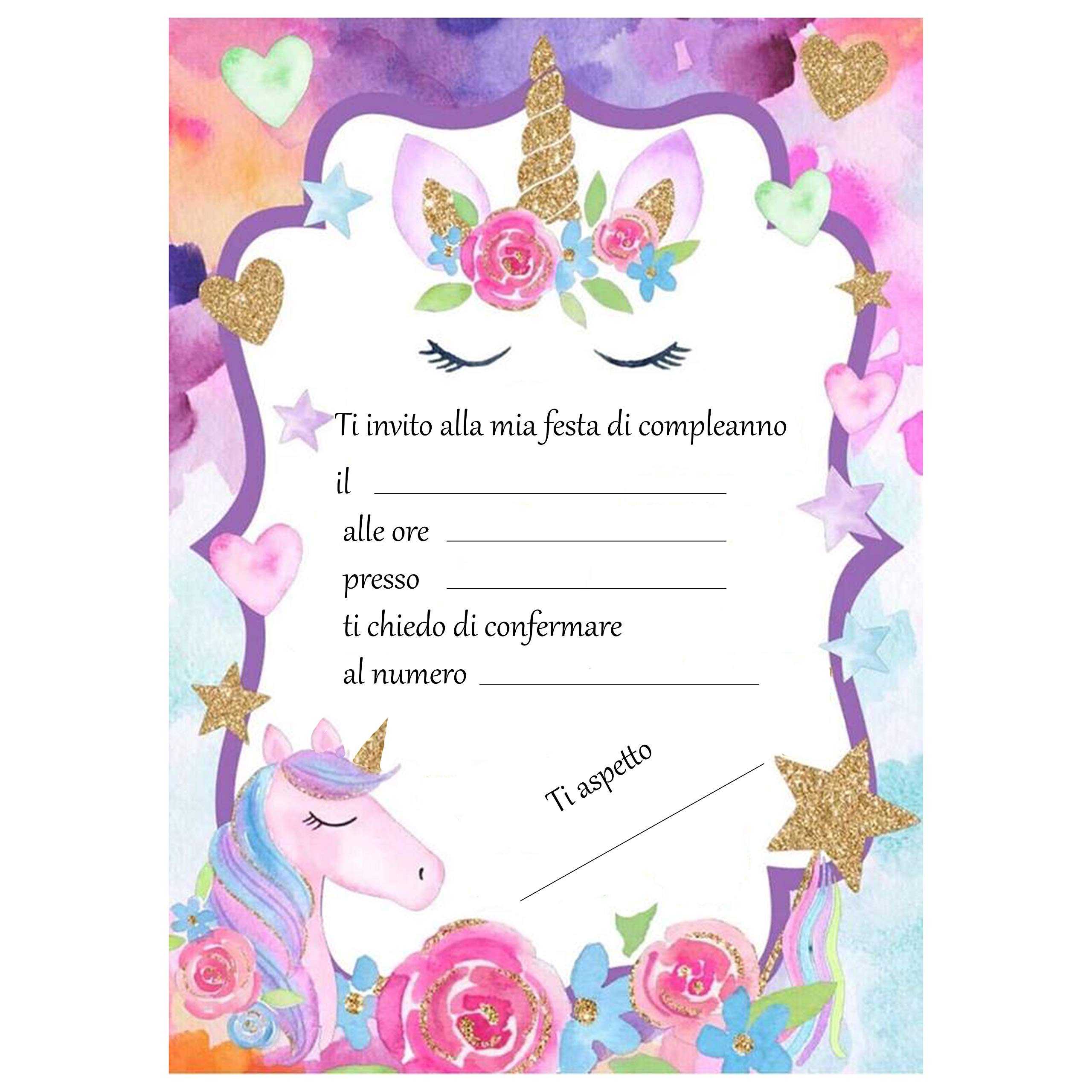 12 Inviti Di Compleanno Per Bambine Con Glitter E Unicorno - Kit Completo Con Buste, Adesivi E Sacchetti, Fatti In Germania