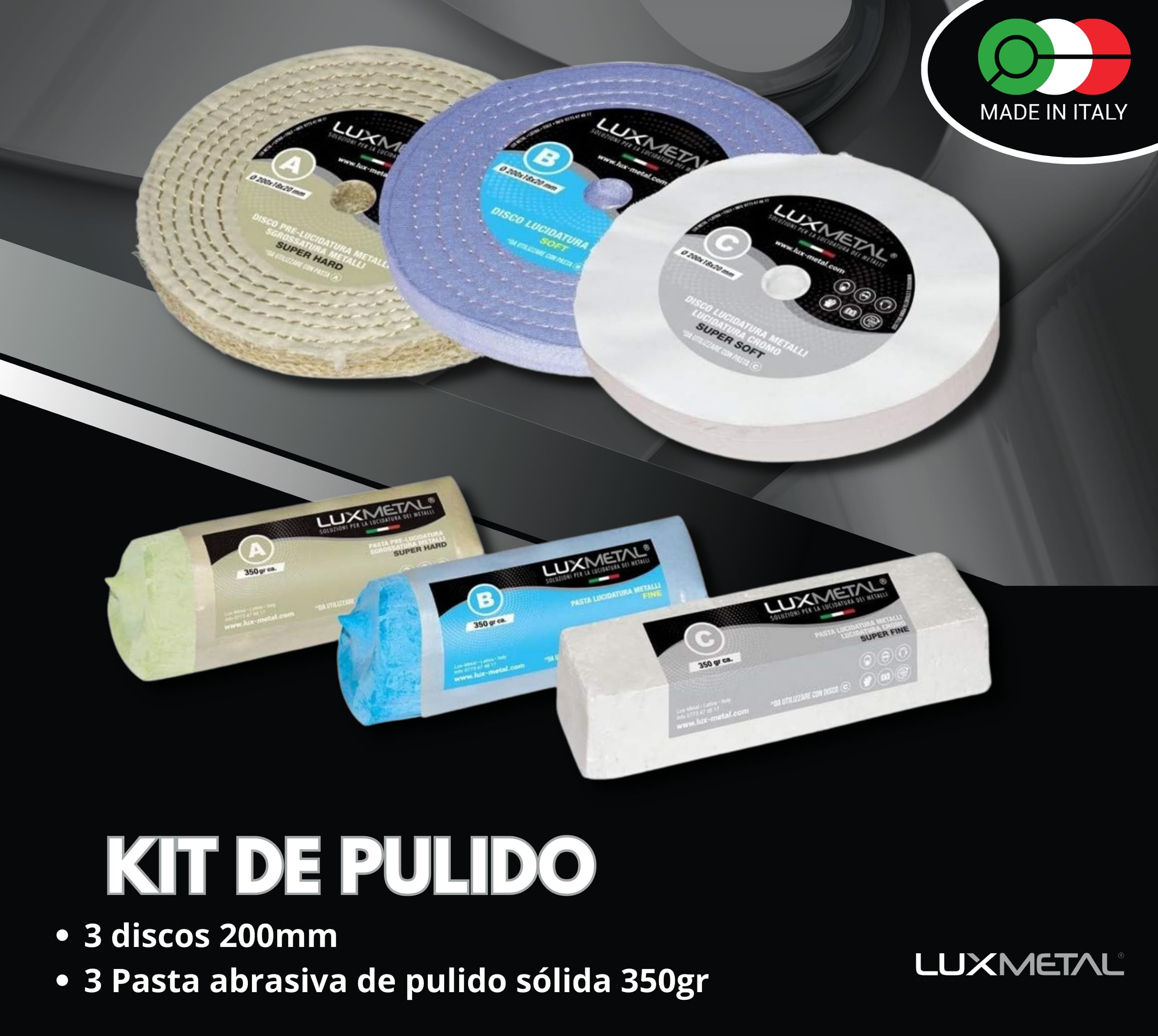 Kit 3 Disco de Pulido 200 mm 3 Pastas de pulir 350 g en Algodón con Resorte Discos para Pulir Aluminio Acero Inoxidable y otro Metales - Set Cobre y Latón con Rueda Esmeriladora