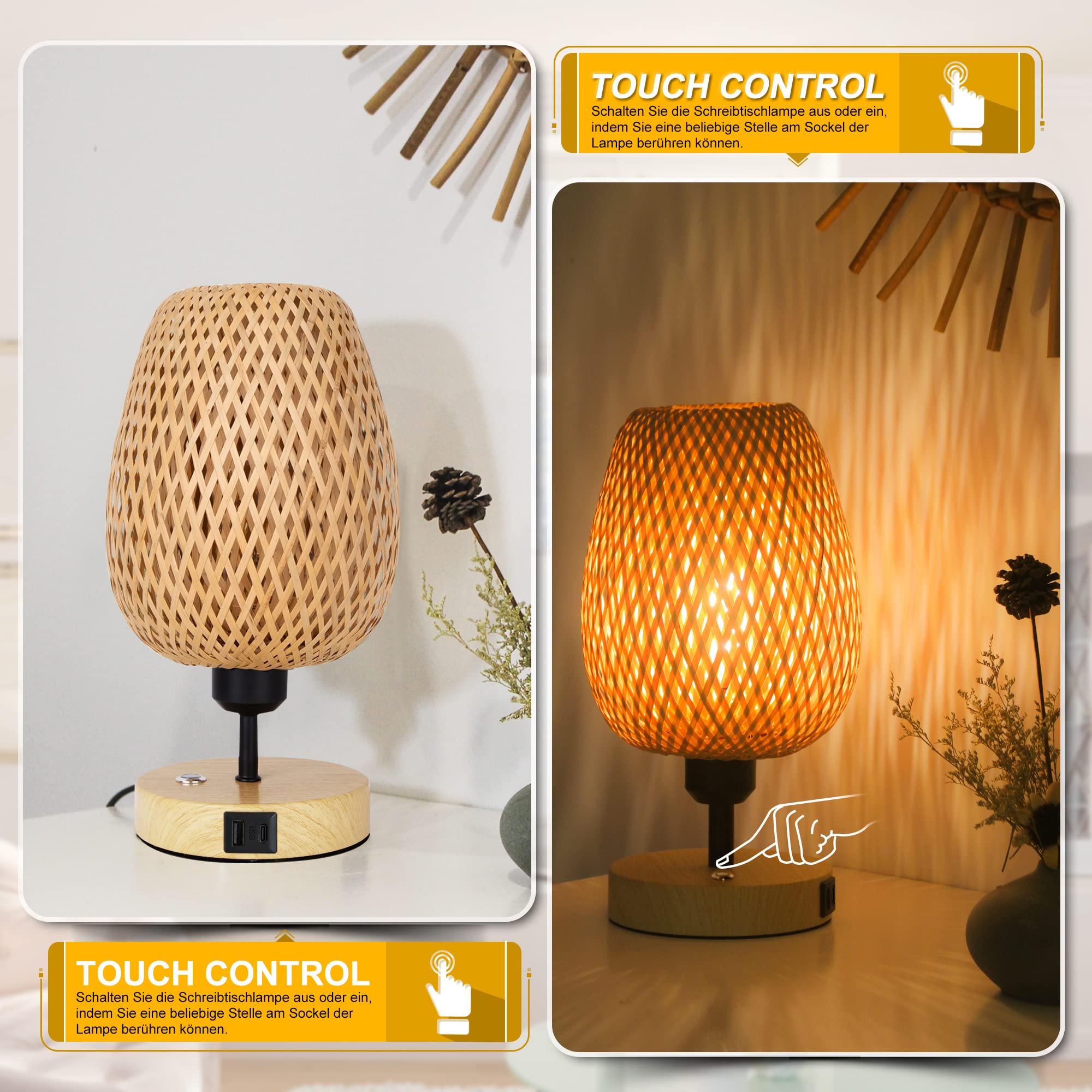 Tischlampe Rattan aus Bambus und Holz, Dekorative Nature Tischleuchte mit  E27, 7W, 2 USB-Ladeanschlssen Nachtlicht Leselampe fr Schalfzimmer  Kinderzimmer Glhbirne enthalten : Amazon.de: Beleuchtung