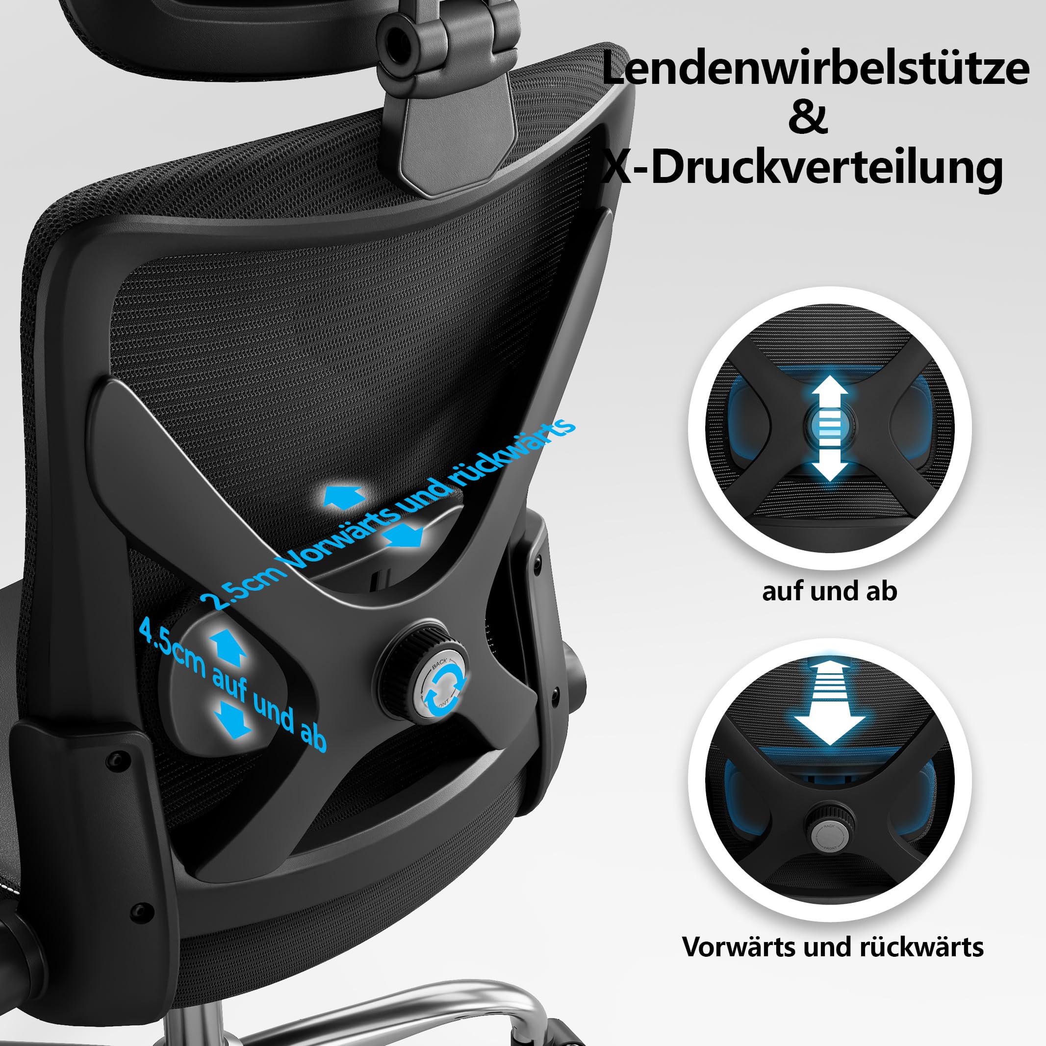 TRALT Bürostuhl - Ergonomischer Bürostuhl mit Verstellbare Lordosenstütze Kopfstütze Office Desk Chair - Gaming Stuhl in X-Form Büro Stuhl… – Ansicht 5