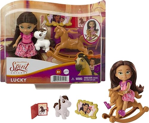 Mattel Spirit Untamed Young Lucky Doll (aprox. 4 pulgadas) con 5 articulaciones móviles y accesorios de historia, incluye caballo mecedora y caballo