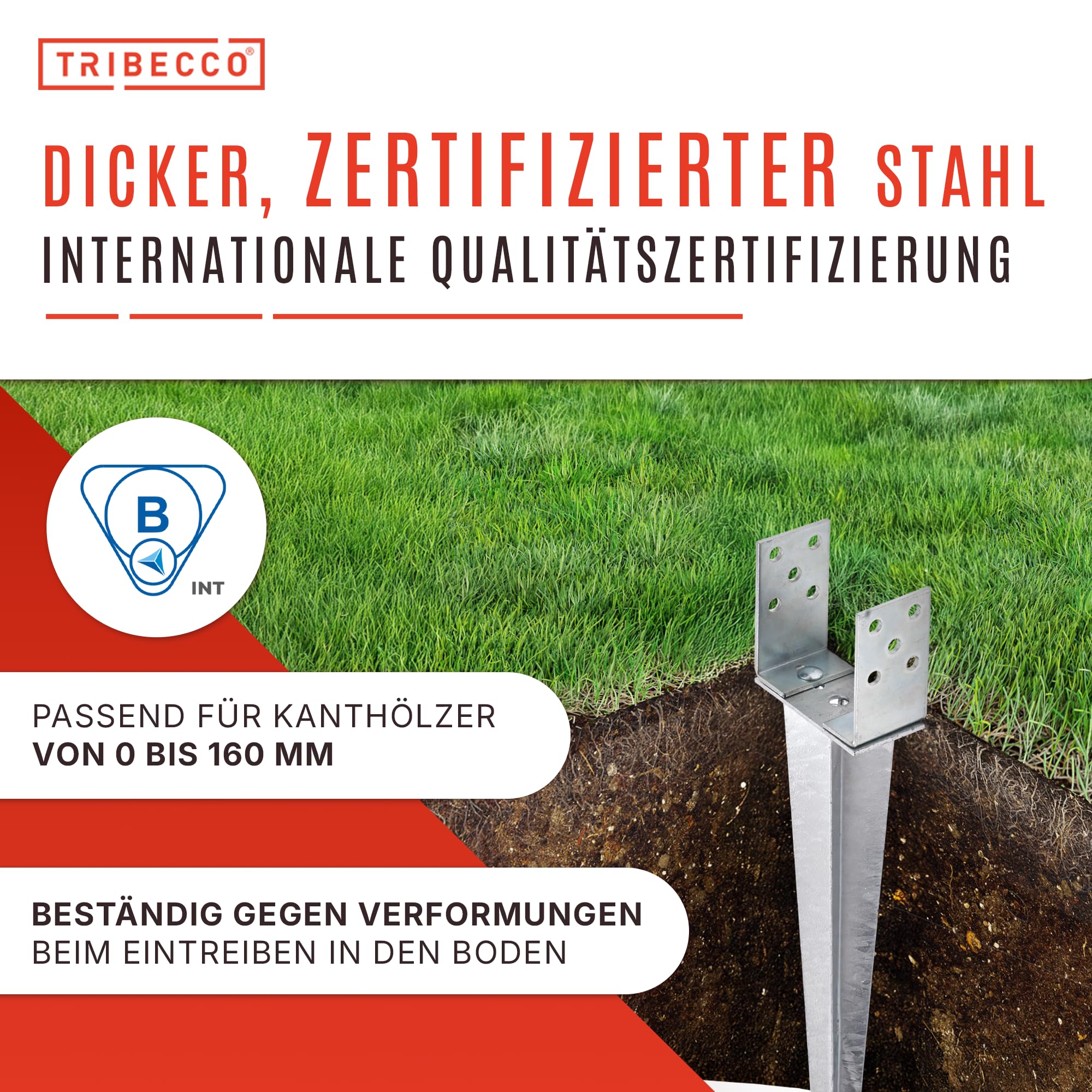 TRIBECCO Einschlag-Bodenhülse U-Form für Vierkant-Holzpfosten Stützenschuh verstellbar bis 140 mm Länge 700 mm U-Pfostenträger zum Einschlagen in den Boden feuerverzinkter Stahl