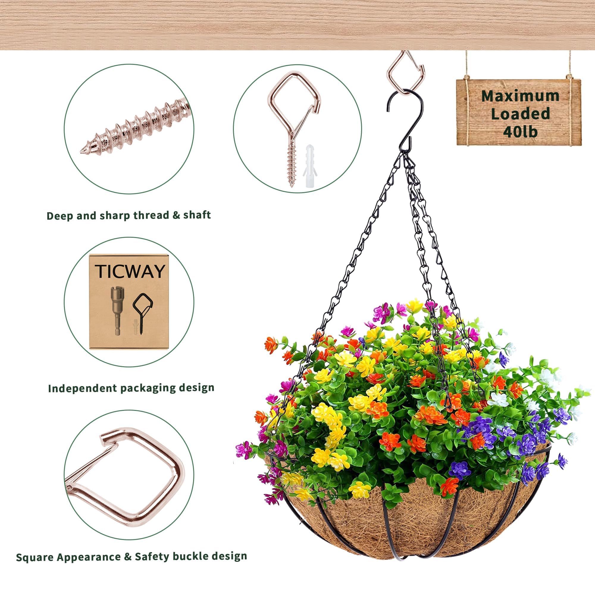 Ticway 50 Pcs Outdoor Hooks for String Lights,Screw Hooks for Hanging Plants,Ceiling Hooks with Safety Buckle,Square Hanger for Wind Chimes,Bird Feeder,Lanterns,Christmas Decorations (Rose Gold) - Image 3