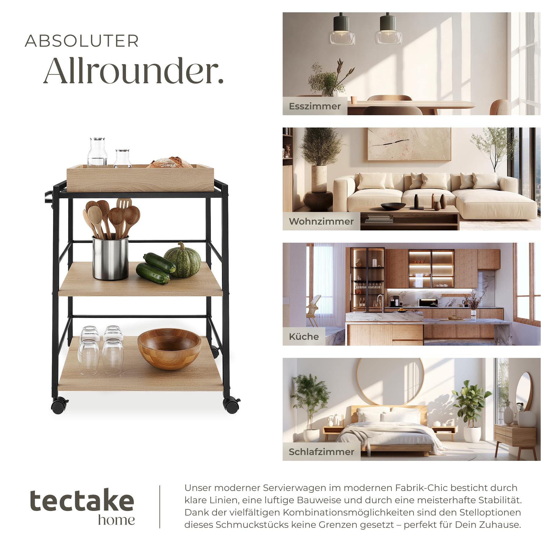 tectake® Servierwagen mit Rollen, abnehmbares Tablett, Kitchen Trolley 65 x 41,5 x 87 cm, Küchenwagen mit Rollen, Rollwagen Küche mit 2 Ablagen, Bastelwagen, Industrial Holz hell, Eiche Sonoma