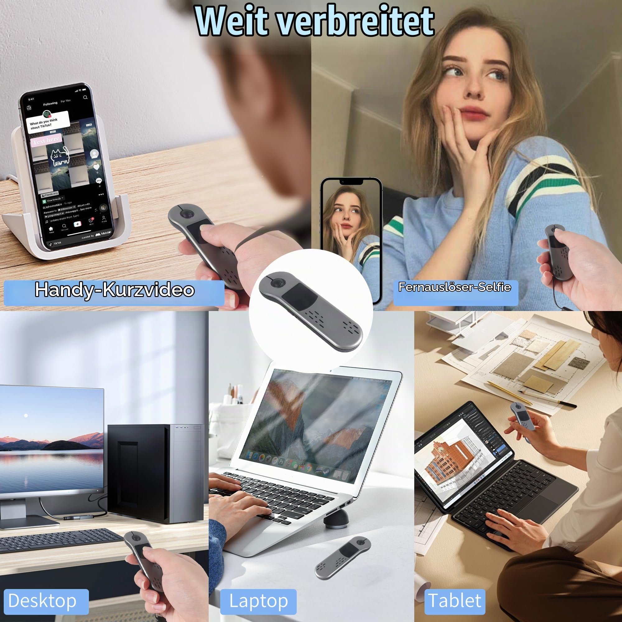 Fingerspitzen Scrolling Mini Bluetooth-Maus,BT5.3+2.4G+USB-C,Drei-Modus+Touchpad,4in1Tragbare Page Turner Handheld Air Mouse Presenter Fernbedienung,Kabellose Finger Scroller für TikTok pad phone,Grau