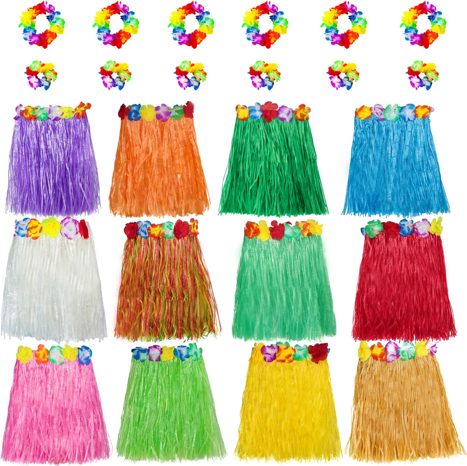 GarmaGarma Hawaiian Grass Skirts for Luau Party Set, 12PCS Hawaiian Luau Hula Skirts 12PCS Headbands and 24PCS Wristbands for Hawaiian Party Supplies Tropical Themed Decorations Festival