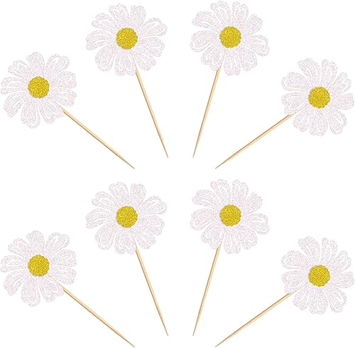 Miniatura 8 de Ercadio Paquete de 24 adornos de margaritas blancas para cupcakes, flores de margaritas blancas, decoraciones de pasteles para temática de