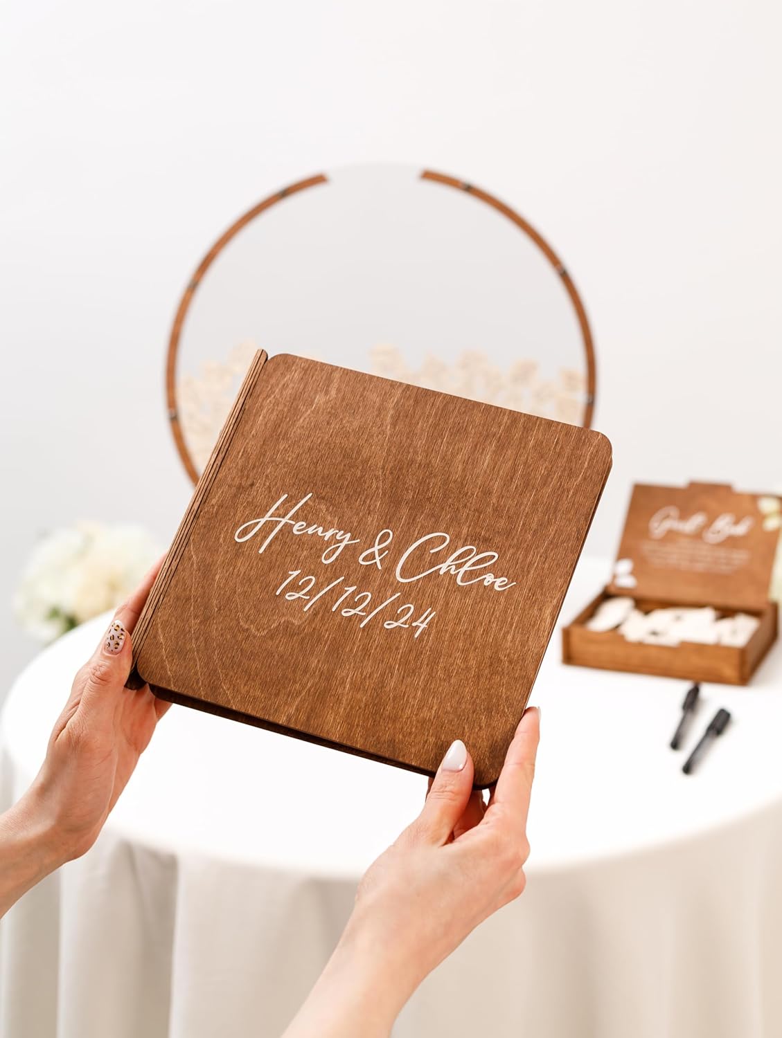 2B1WEDDING Traditional Wedding Guest Book – Personalized Wooden Guestbook & Markers – Rustic Custom Sign-in Book for Wedding Reception Keepsake