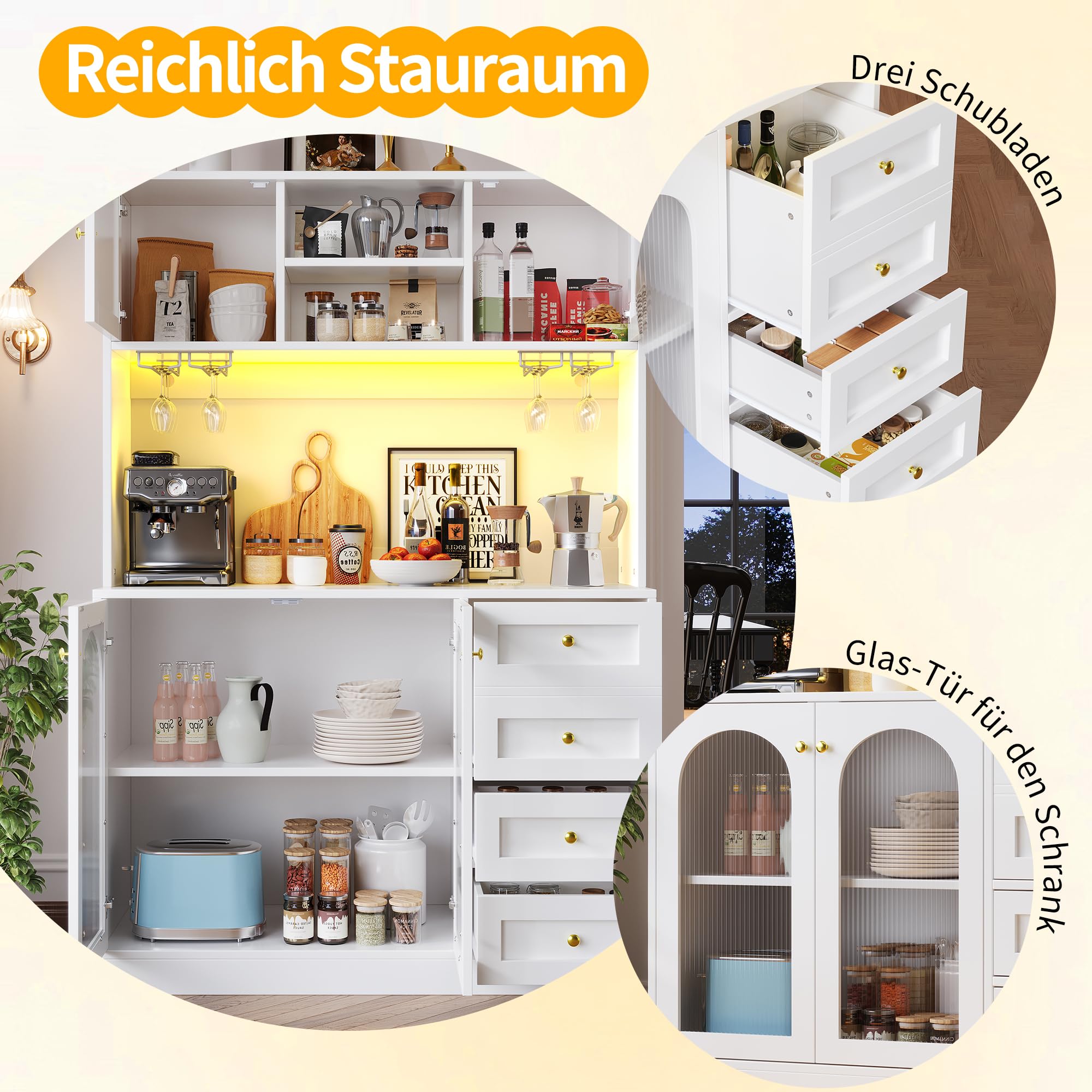 DRIXNO Küchenschrank, Aufbewahrungsschrank, Buffetschrank mit LED-Beleuchtung, Esszimmerschrank mit Getränkehaltern, 4 Türen, Sideboard für Küche Wohnzimmer Esszimmer, 120x40x188 cm, Weiß