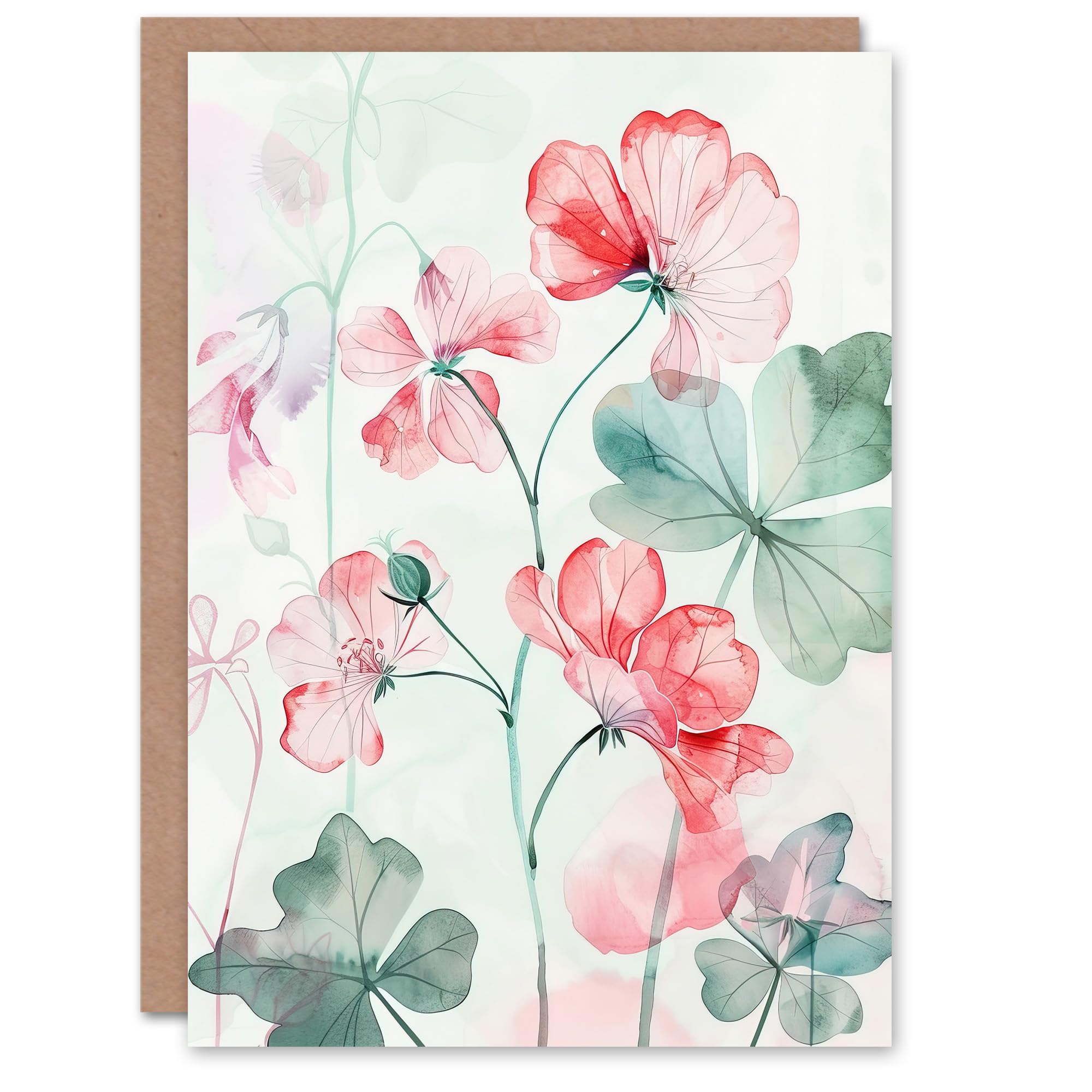Artery8 Greeting Card Red Pastel Geranium Flowers Modern Watercolour For Her Woman Birthday Card