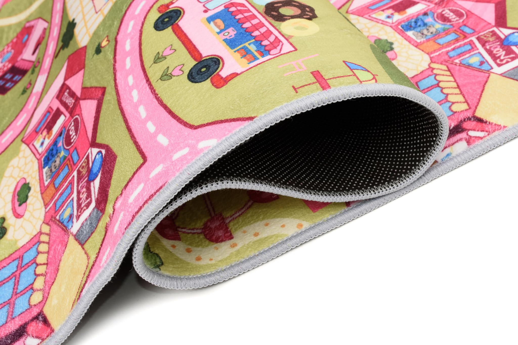 TAPISO Flannel Tapis Chambre Enfant Bébé Fille Garçon Antidérapant Lavable Rose Vert Bleu Blanc Tapis de Jeux Voiture Circuit Route Ville Poils Ras Oeko-TEX Résistant 120 x 170 cm