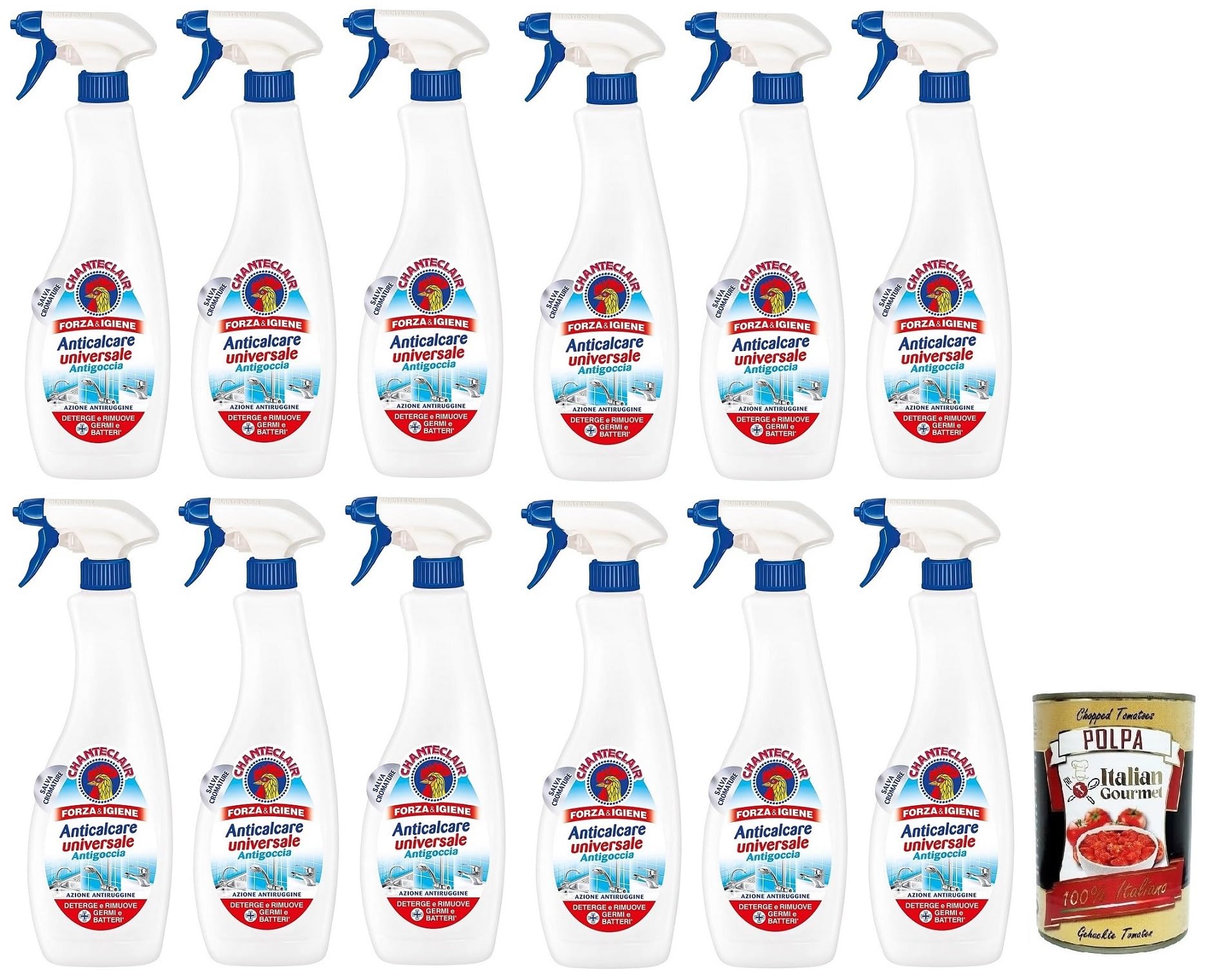 12x Chanteclair Anticalcare Universale Antigoccia Reiniger Anti-Kalk-Reinigungsmittel für harte Oberflächen,Anti-Rost-Wirkung 625ml + Italian Gourmet Polpa di Pomodoro 400g Dose