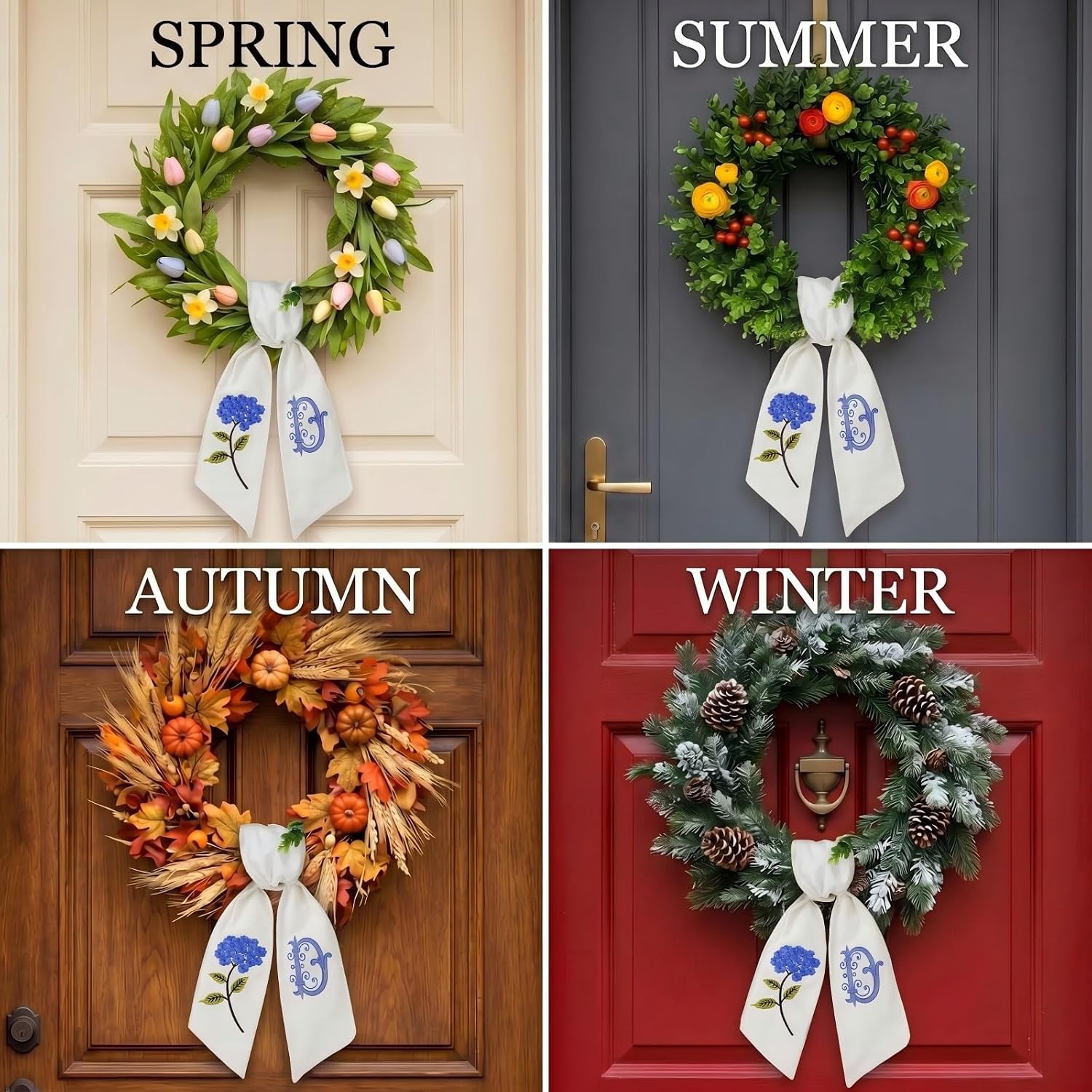 Wreath Sash for Front Door,Embroidered Last‑Name Initial Monogram,Letter D | Elegant wreath garland accessory,housewarming gift Wedding Bridal Shower Indoor Outdoor Home Decor(Hydrangea letter d)