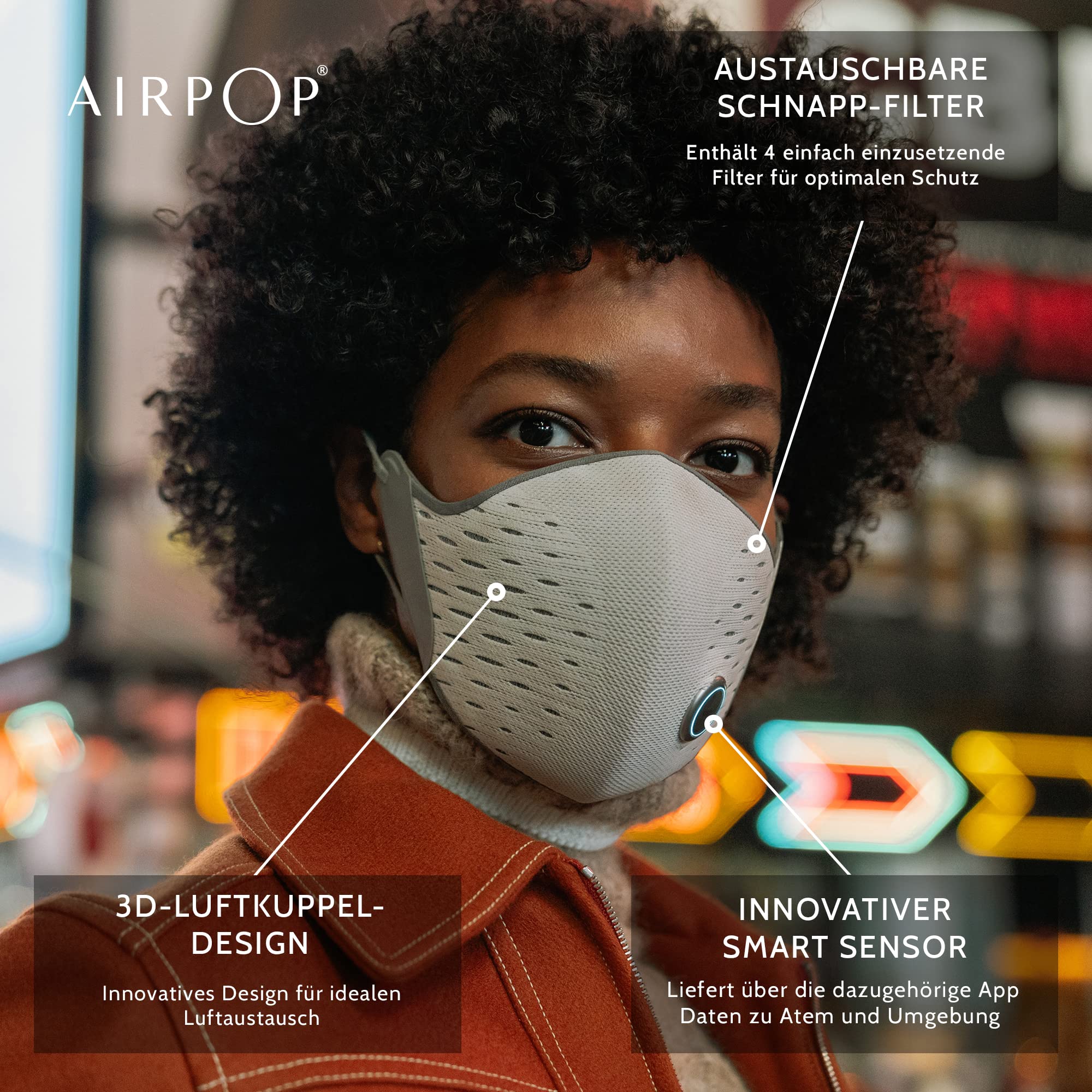 AIRPOP Active+ Halo Gesichtsmaske Wiederverwendbar & Waschbar, Sensor für Luftqualität und Atmung, 4 Filter, 160 Stunden Tragezeit, Atmungsaktiver Gesichtsschutz, Kompatibel mit IOS-App, Schwarz/Gelb