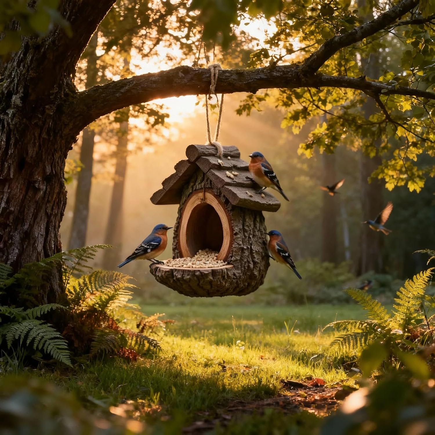 Vintage Treehouse Shape Bird Feeder, Unique Rustic Design, Waterproof Resin Hanging Sculpture with Woodgrain Texture, Outdoors Open Birdfeeder for Garden, Patio, Farm, Lawn, Forest & Yard Decor (3)