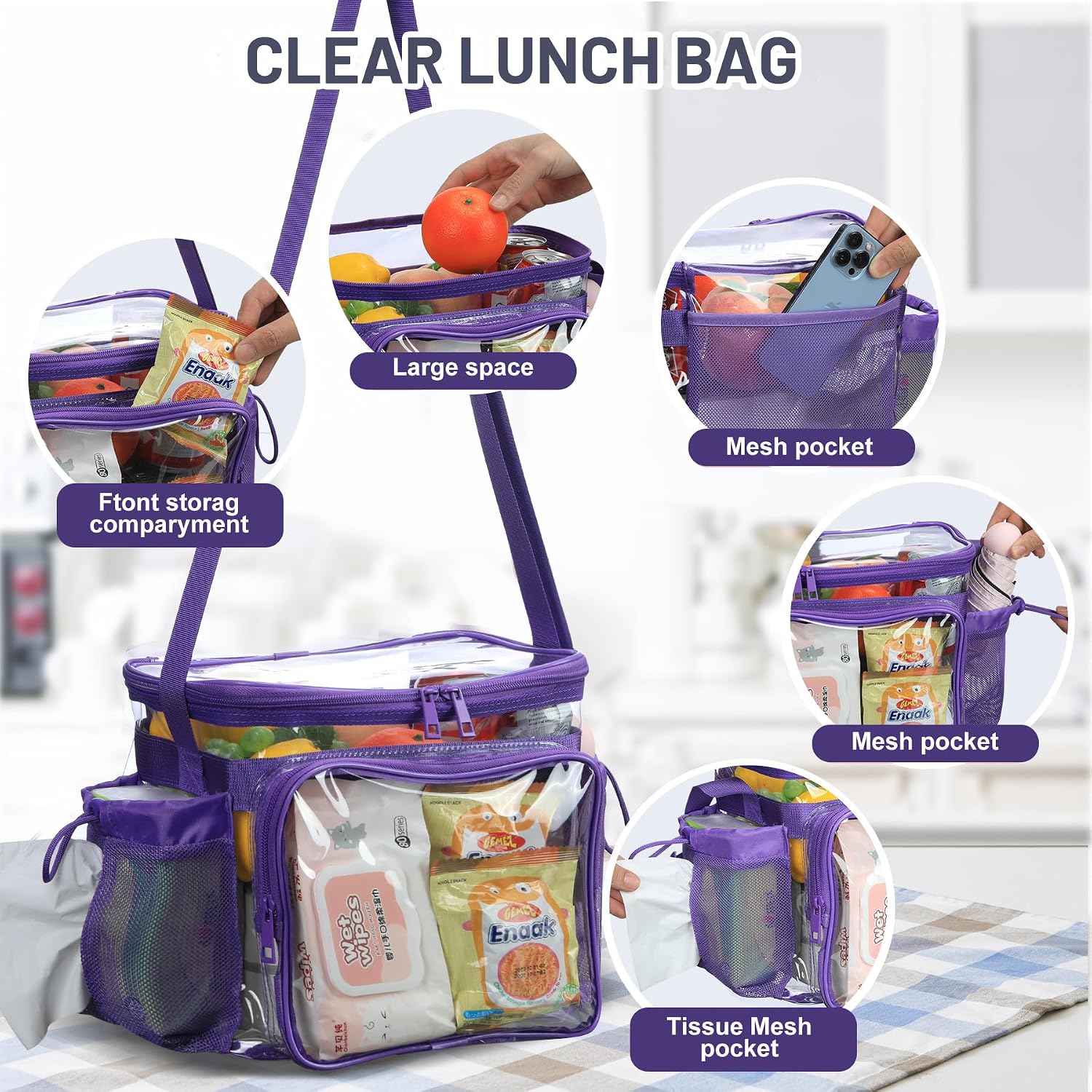 BORMELUN Medium Clear Bag with Pockets, gallon lunch boxes Shoulder Transparent Lunch Bag see thru Plastic Correctional Concets Work -Dark Purple