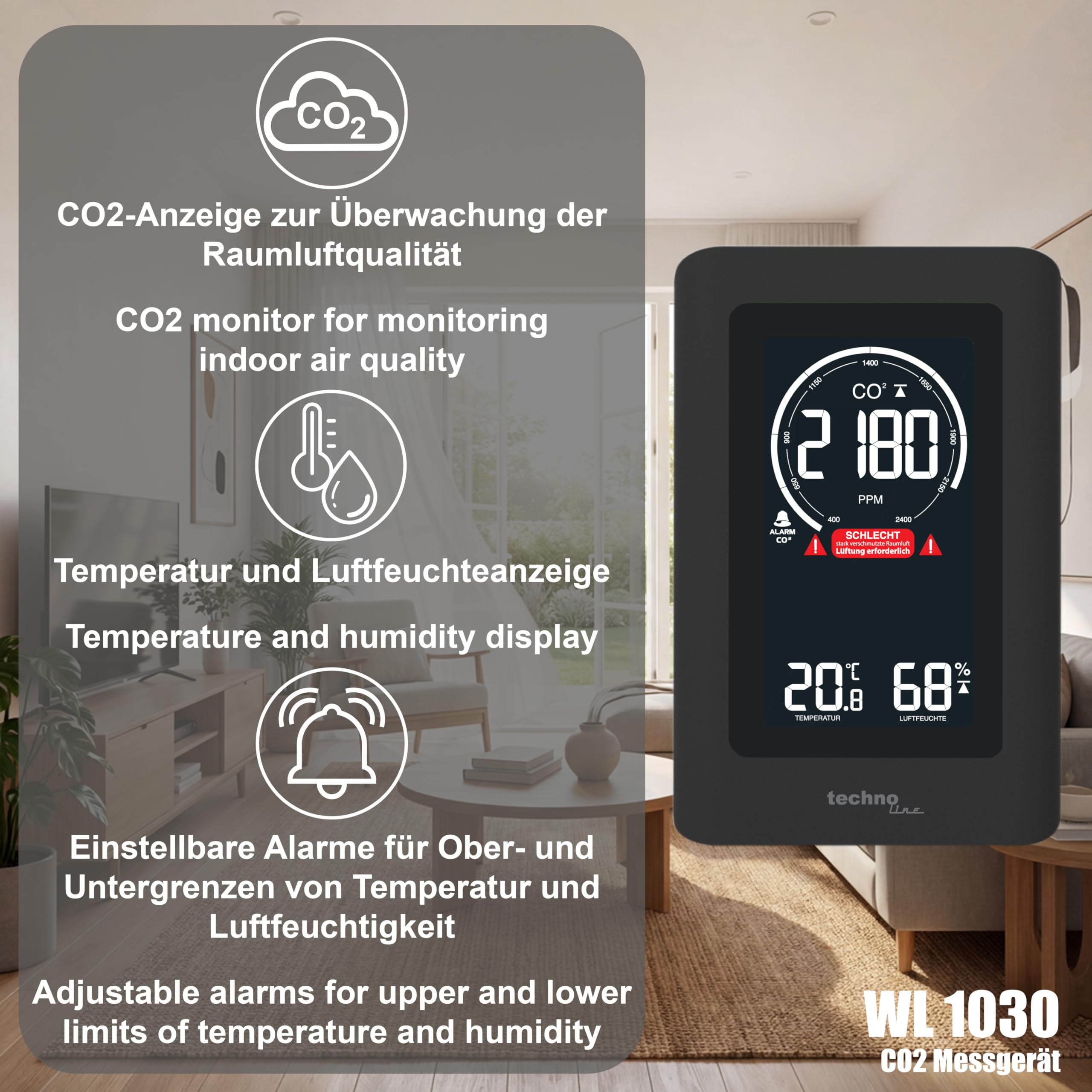techno line WL1030 Co2 Medidor de dióxido de Carbono, Negro