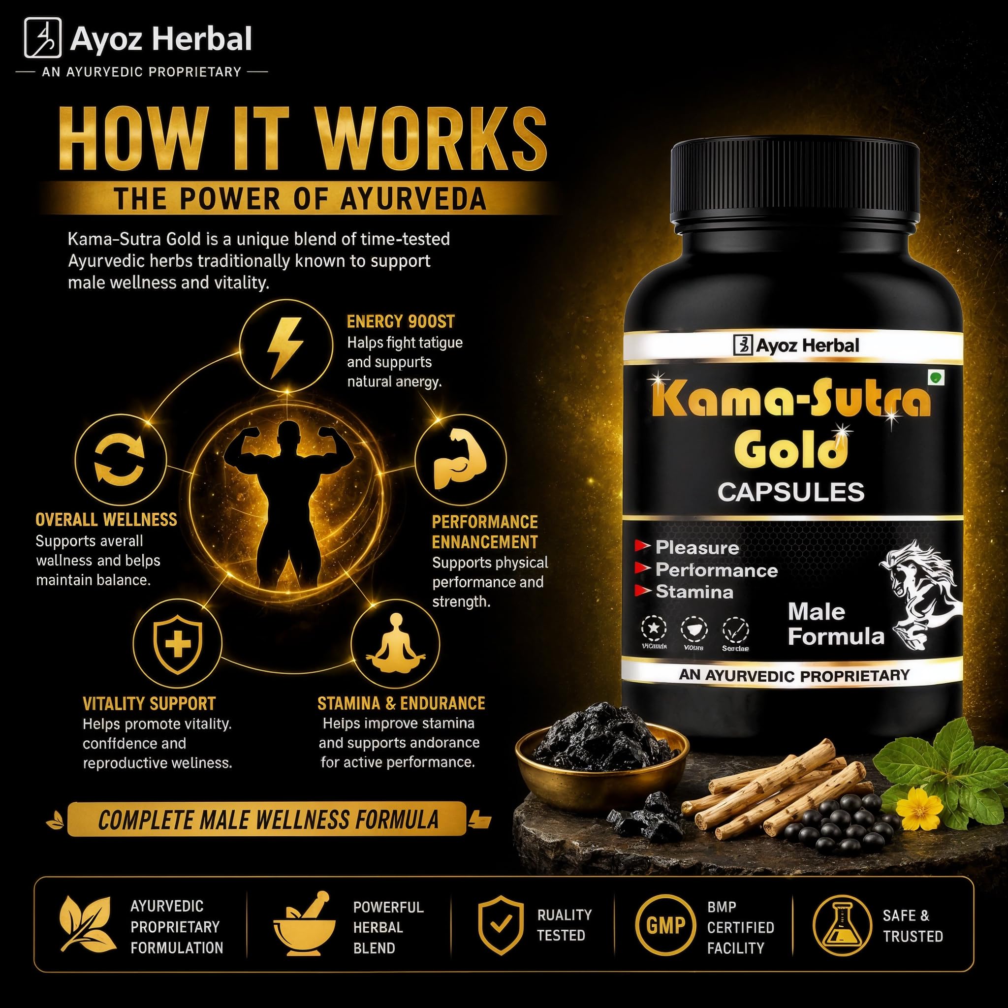 Original Kamasutra Gold Power Ayurvedic Tablets for Man Extra Time | Ling Booster Ayurvedic Medicine for Men Lamba Mota, Male Health, Long-Lasting Timing (60 Capsules) — Amazon image 4