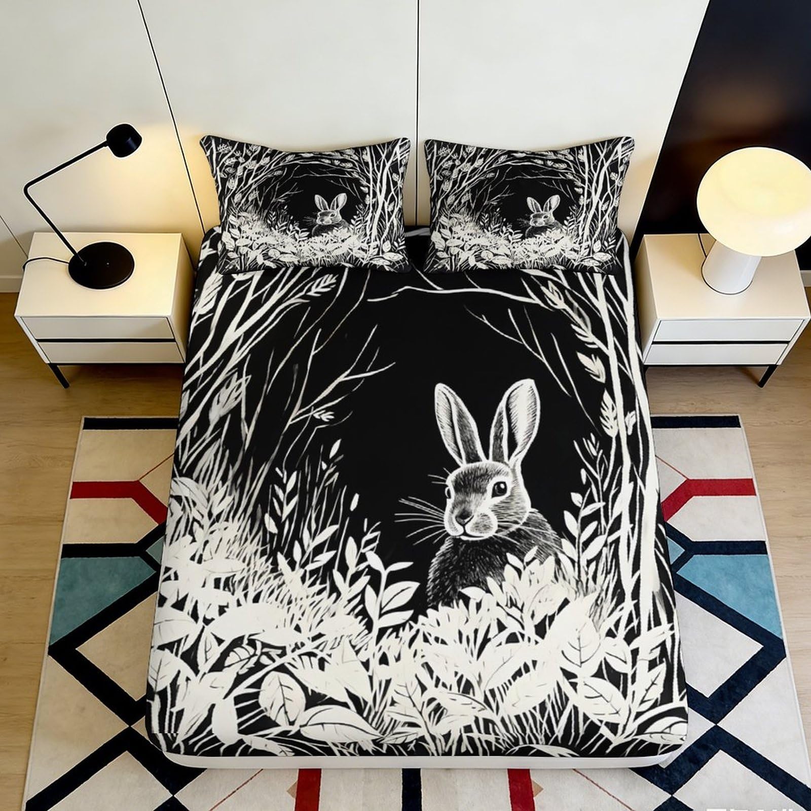Uxinyoume Style-4 3D Printed Black Rabbit Forest Fitted Sheet Microfiber Soft Anti-Slip Machine Washable Bed Cover For Bedroom Dorm 90X200x25cm