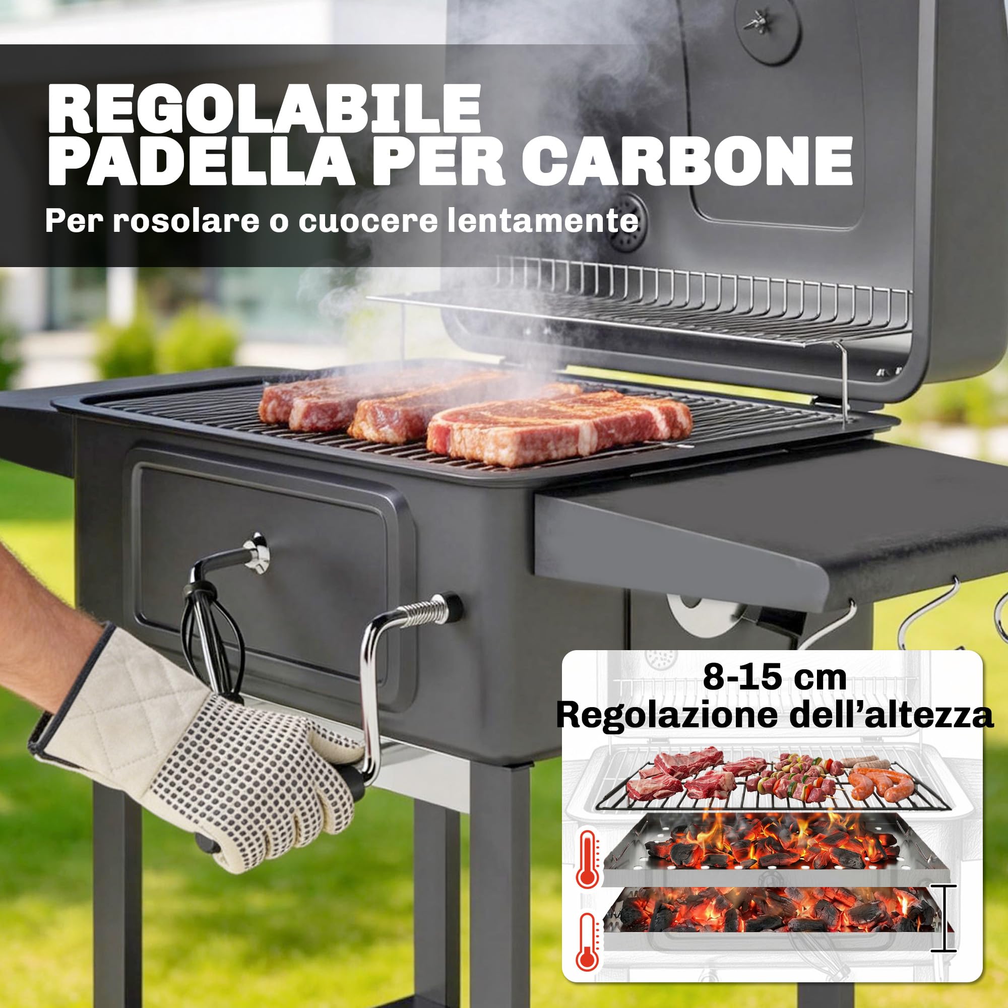 Outsunny Barbecue Carbonella con Griglia, Vasca Carbone Sfiati Regolabile, Carrello BBQ Barbecue Portatile con Coperchio, Termometro, Ripiani Laterali, Camino, Ganci, Ruote, per Campeggio, Nero