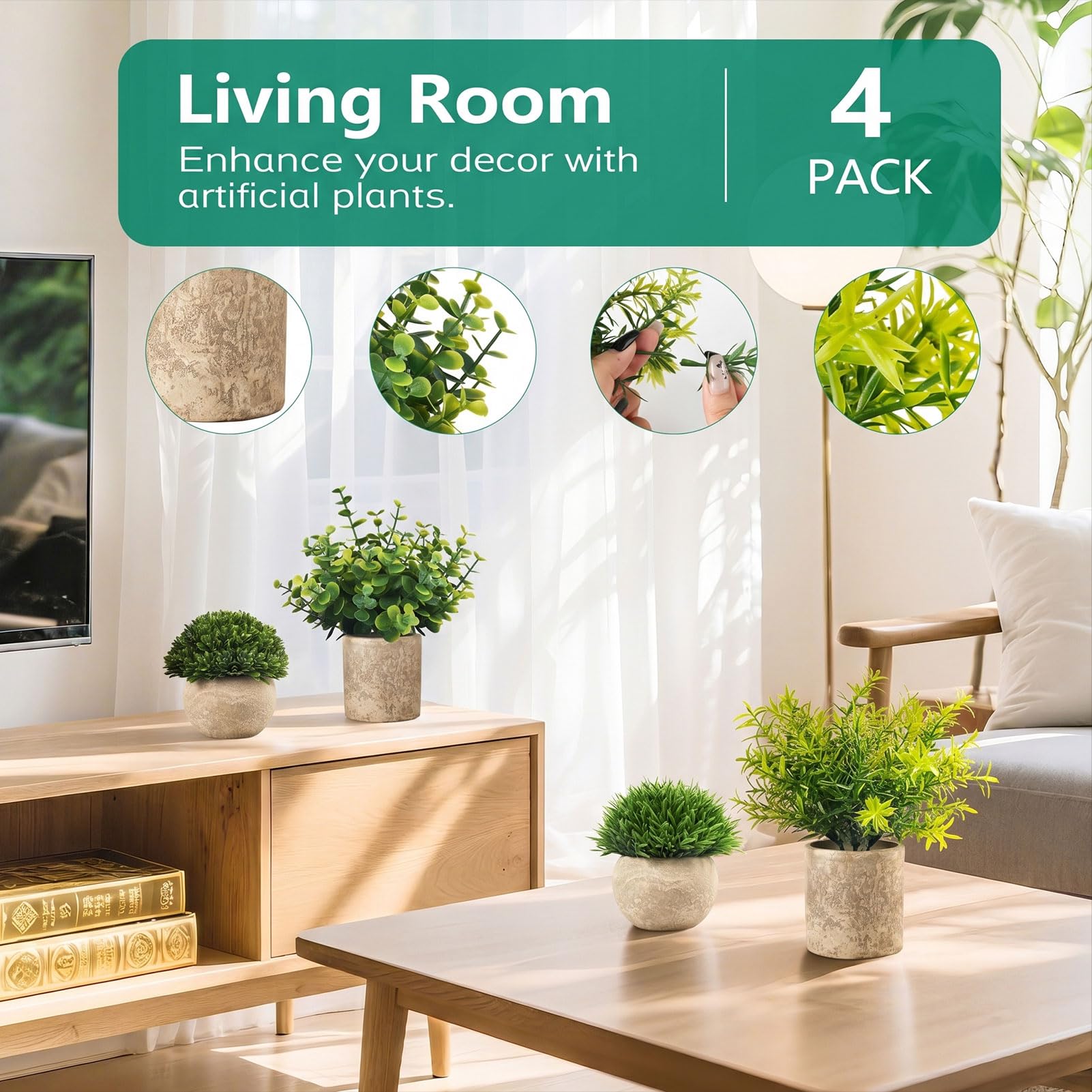 4 Stücke Kunstpflanze Deko: Künstliche Pflanzen mit Grauem Top, Fake Pflanzen Eukalyptus Zur Wohnzimmer | Badezimmer | Schlafzimmer Zimmer Tisch Zuhause