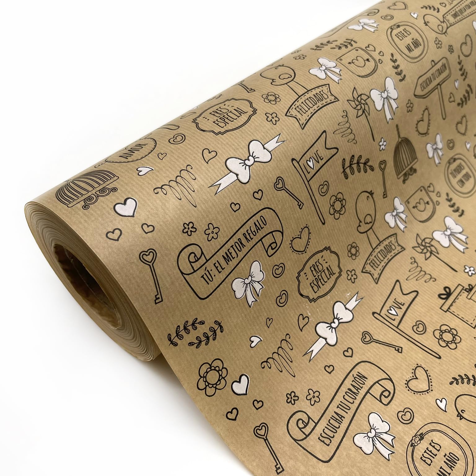 Papel de regalo kraft verjurado en rollo de 62CM x 100M con frases positivas. Ideal para: Comercios, envolver regalos, aniversarios, cumpleaños y celebraciones Navideñas. (POLLITOS)