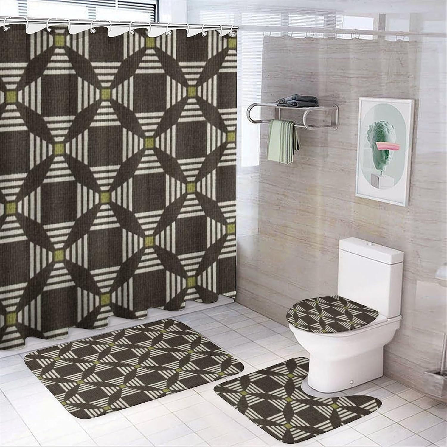 Bathroom Rugs Sets 4 Piece with Shower Curtain, Abstract Geometric Pattern Printed on Bathroom Rug and Shower Curtain Sets, Designed for Farmhouse Boho Contemporary Bathrooms, 72 x 72 inches