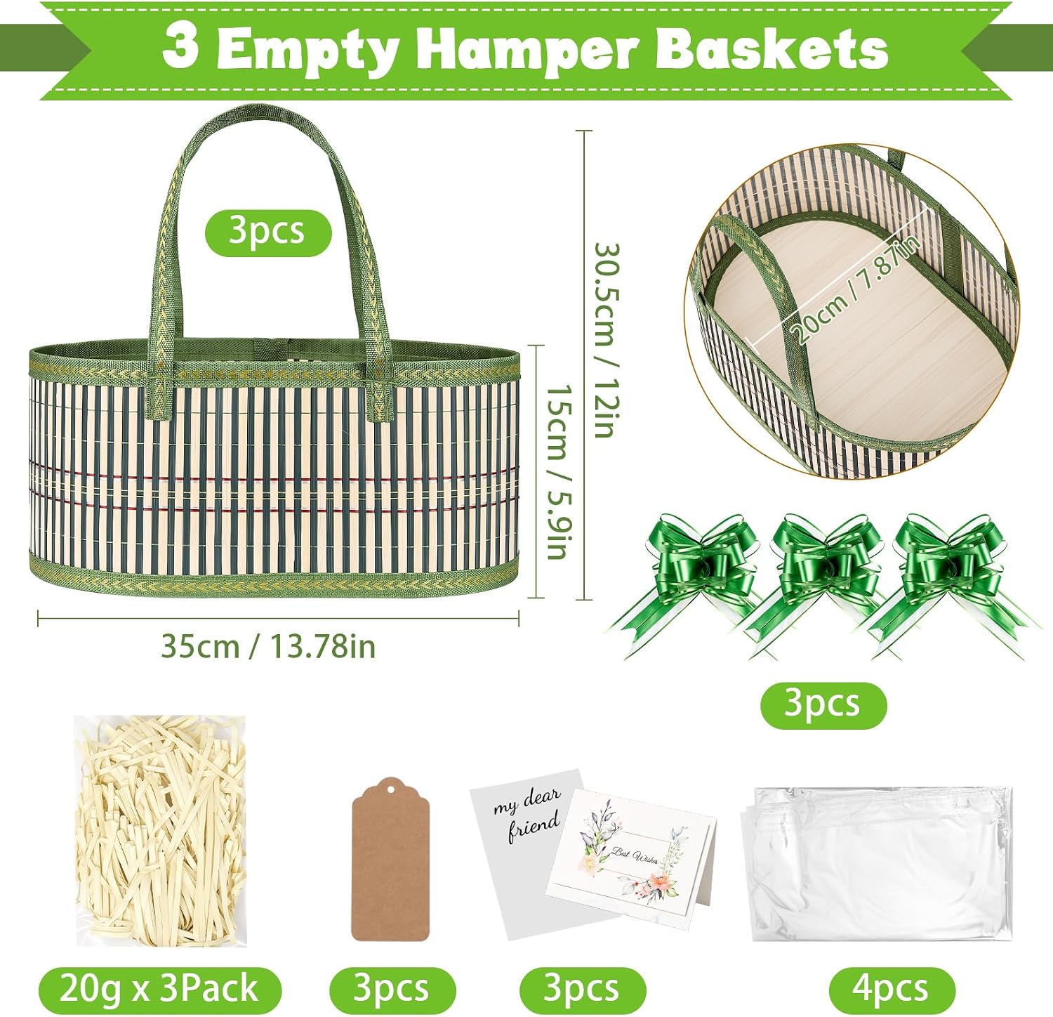 Dreamtop 3 Set Baskets for Gifts Empty, Woven Bamboo Gift Basket Empty Large with Handles, Sturdy Gift Basket Kit Empty to Fill for Christmas Birthday Baby Shower Wedding Gift (Green)