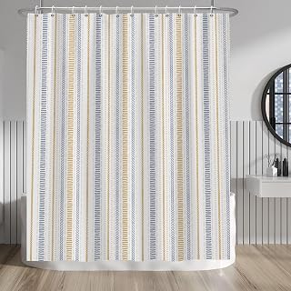 Boho Blue and Yellow Vertical Stripes Shower Curtains with Hooks 60x72 Inch | Modern Bohemian Blue and Yellow Line Bathroom Curtains for Farmhouse Hotel Machine Washable Waterproof Polyester Fabric