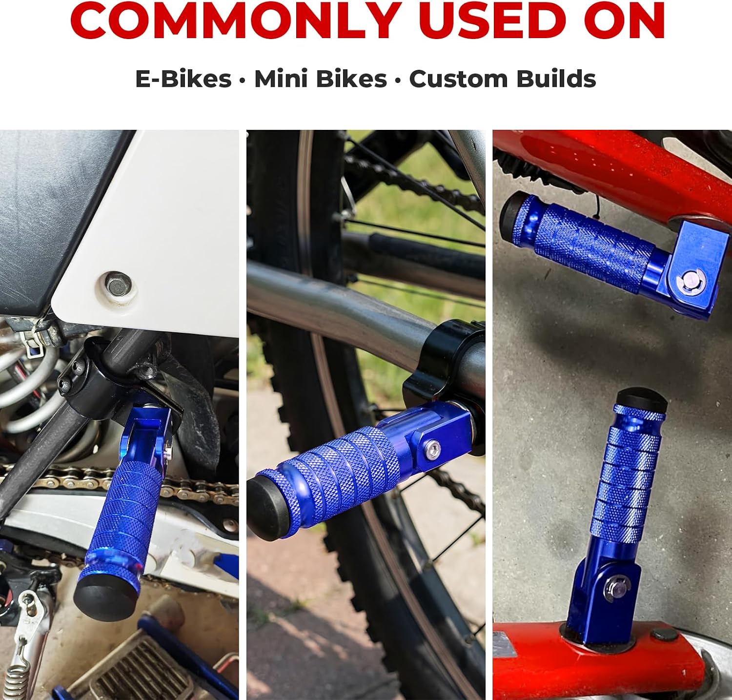 2-in-1 Clamp-On & Bolt-On Foldable Foot Pegs, Motorcycle Foot Pegs with Removable Pipe Clamps, M8 Mount or 26–32mm Tube Fit, for E-Bike, Mini Bike & Custom Builds （1 Pair, Anodized Blue)