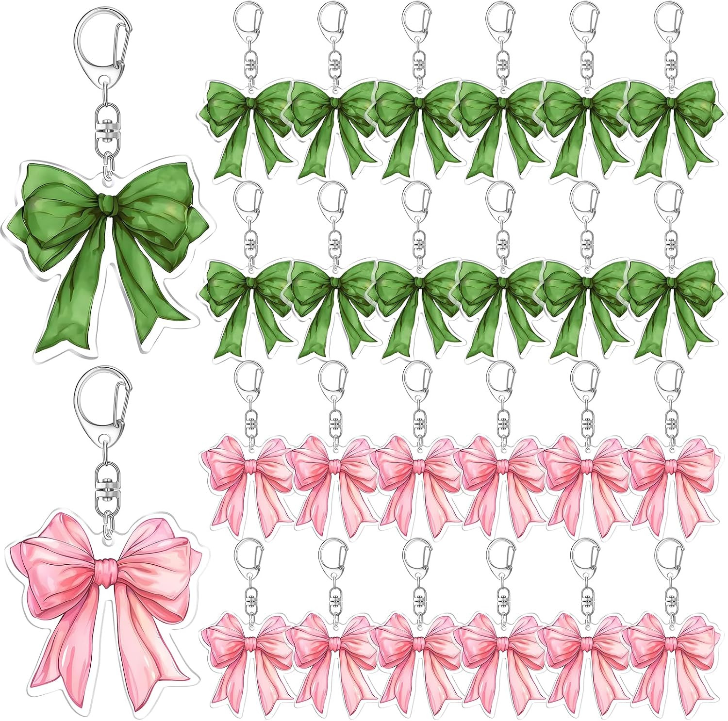 Nosiny 24 Pcs Pink Green Party Favors Witch Keychains Green and Pink Coquette Bow Keychains Bulk for Enchanted Birthday Party Decoration Supplies Witch Magic Theme Princess Gifts