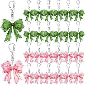 Nosiny 24 Pcs Pink Green Party Favors Witch Keychains Green and Pink Coquette Bow Keychains Bulk for Enchanted Birthday Party Decoration Supplies Witch Magic Theme Princess Gifts