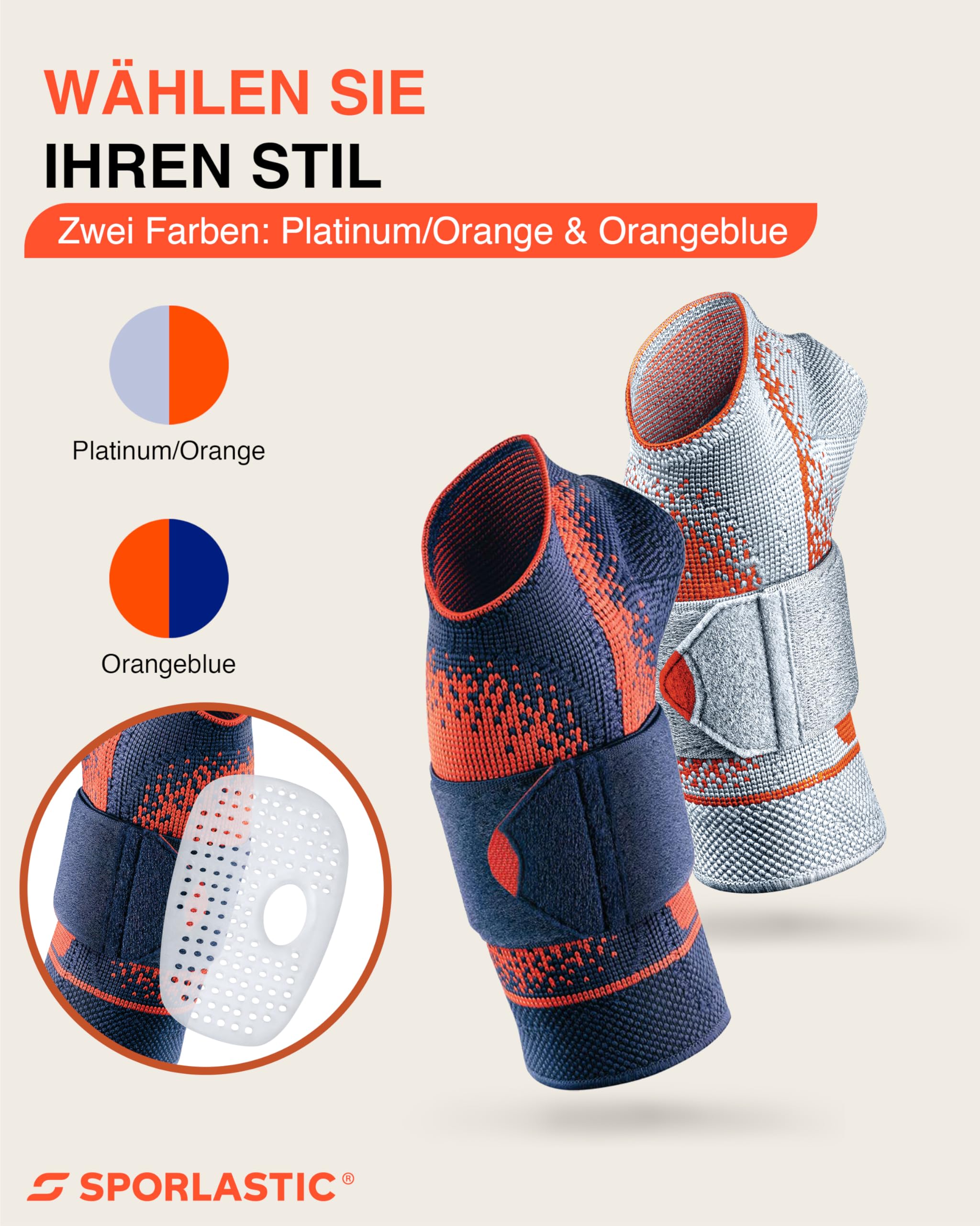 SPORLASTIC – MANUDYN SUPREME Handgelenkbandage links 3D-Gestrick– Orthopädische Handgelenkstütze mit anatomischer AIR-MATRIX Silikonpelotte zur Unterstützung des Ulnarköpfchens – Orangeblue Größe XL