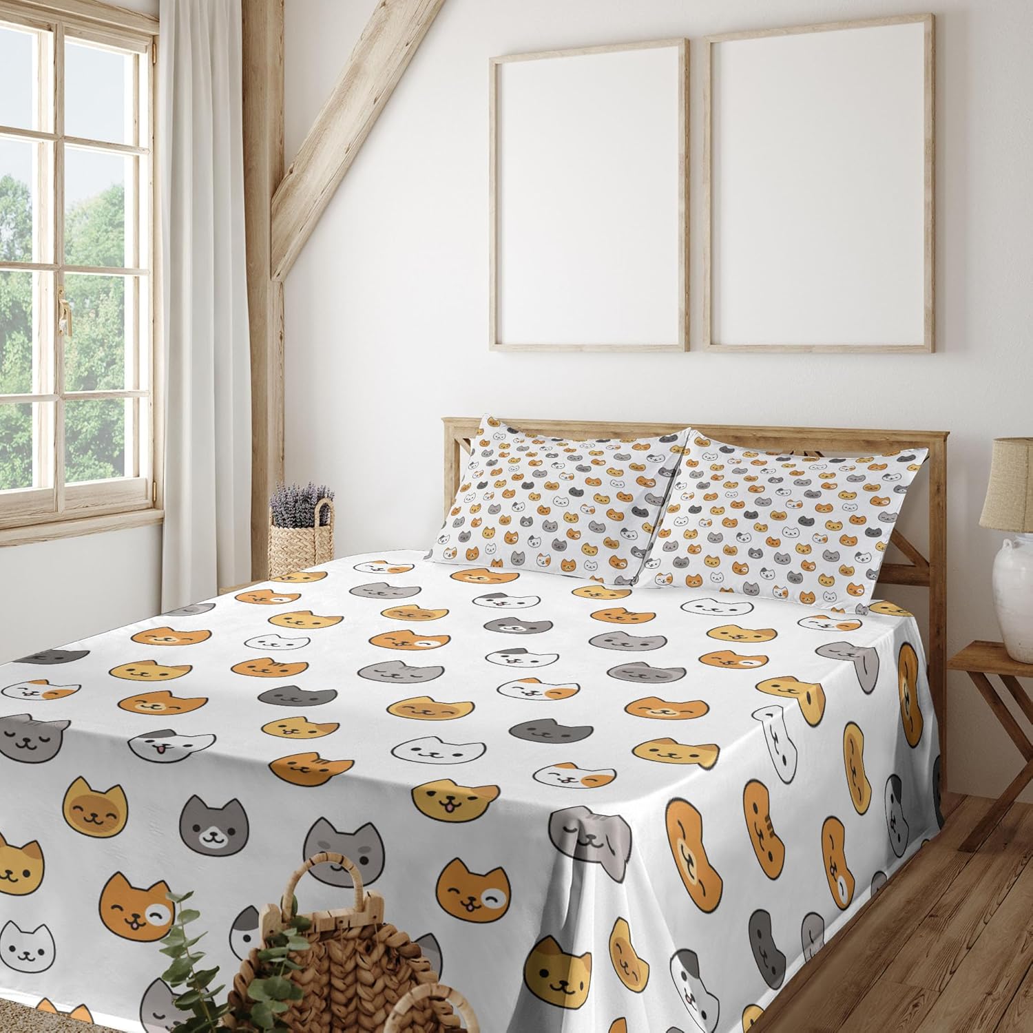 Ambesonne Cartoon Sheet Set, Happy Funny Kittens in Colorful Design Smiling Animals Eyes Print, Fitted and Flat Sheet with Pillowcases Bedding Accent 4 Piece Set, Queen, Pale Orange and Pale Brown