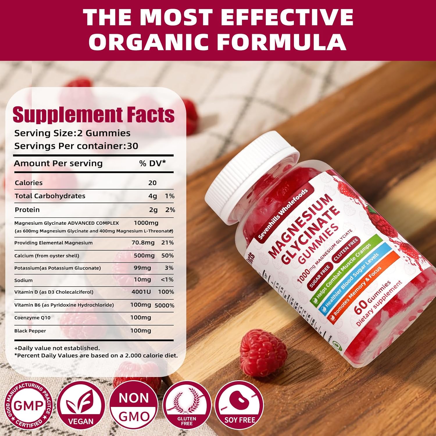 Magnesium Glycinate Gummies 1000mg - Sugar Free Magnesium Potassium Supplement for Relaxation, Calm, Stress Relief, and Sleep Support for Adults & Kids - 60 Raspberry Gummies - Image 5