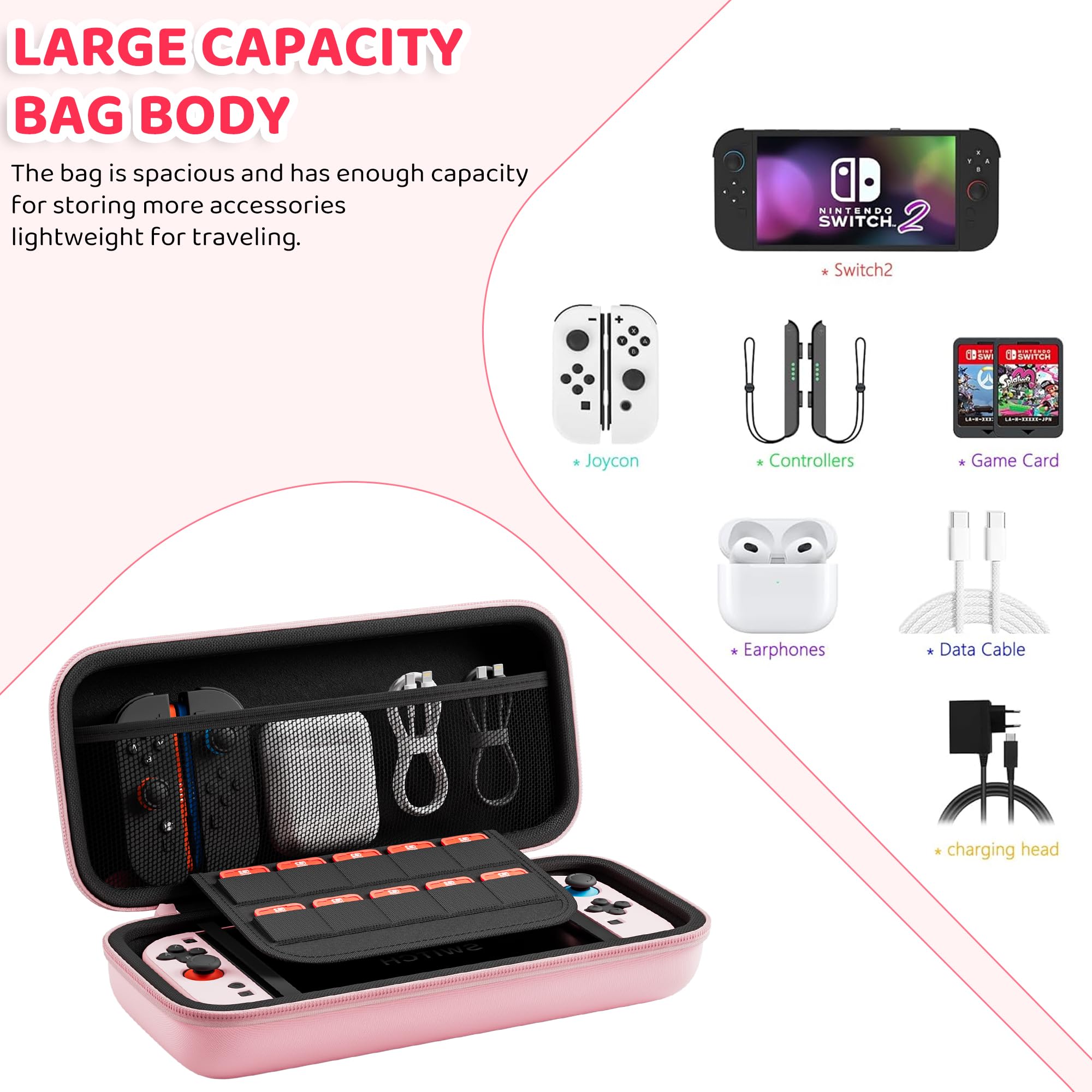 FANPL Paquete de funda rosa para Nintendo Switch 2 (2025) accesorios, funda rígida portátil con piel protectora, protector de pantalla, 2 agarres para el pulgar