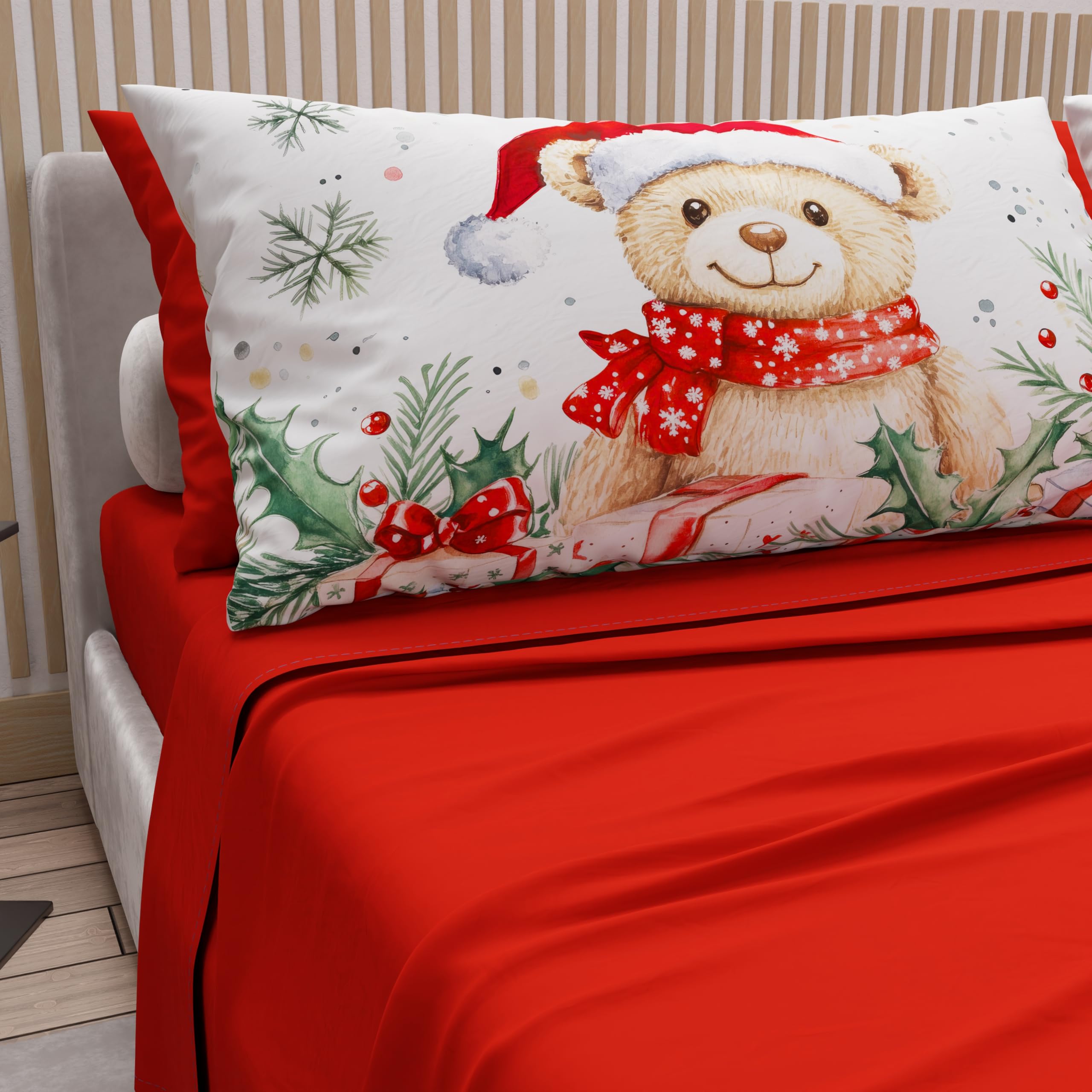 PETTI Artigiani Italiani - Lenzuola in Cotone con Federe in Stampa Digitale di Natale, Lenzuola Natalizie Una Piazza e Mezza Francese, Completo Letto Natalizio, Xmas 16 Rosso, 100% Made in Italy